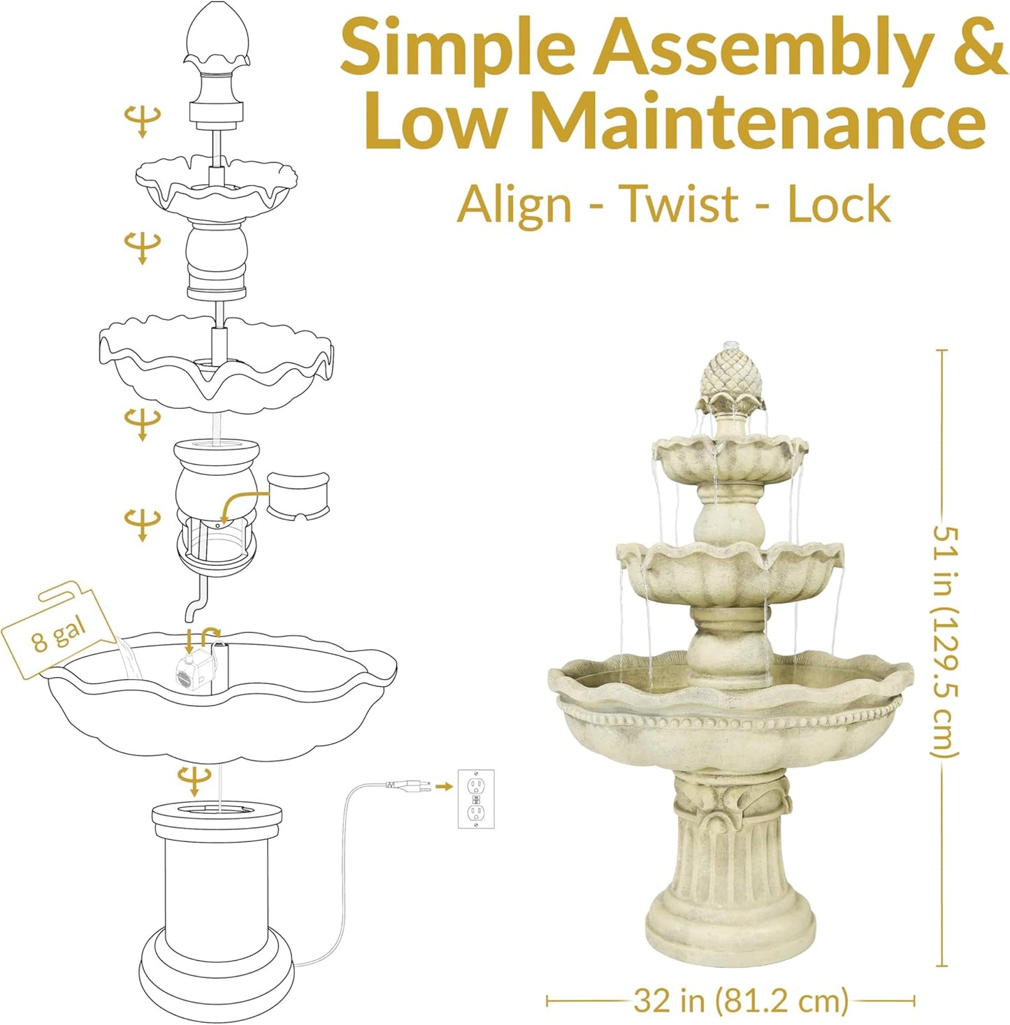 Sunnydaze 51-Inch Electric Water Fountain - Outdoor Water Feature - 3-Tier Outdoor Fountain with Pineapple Top - White