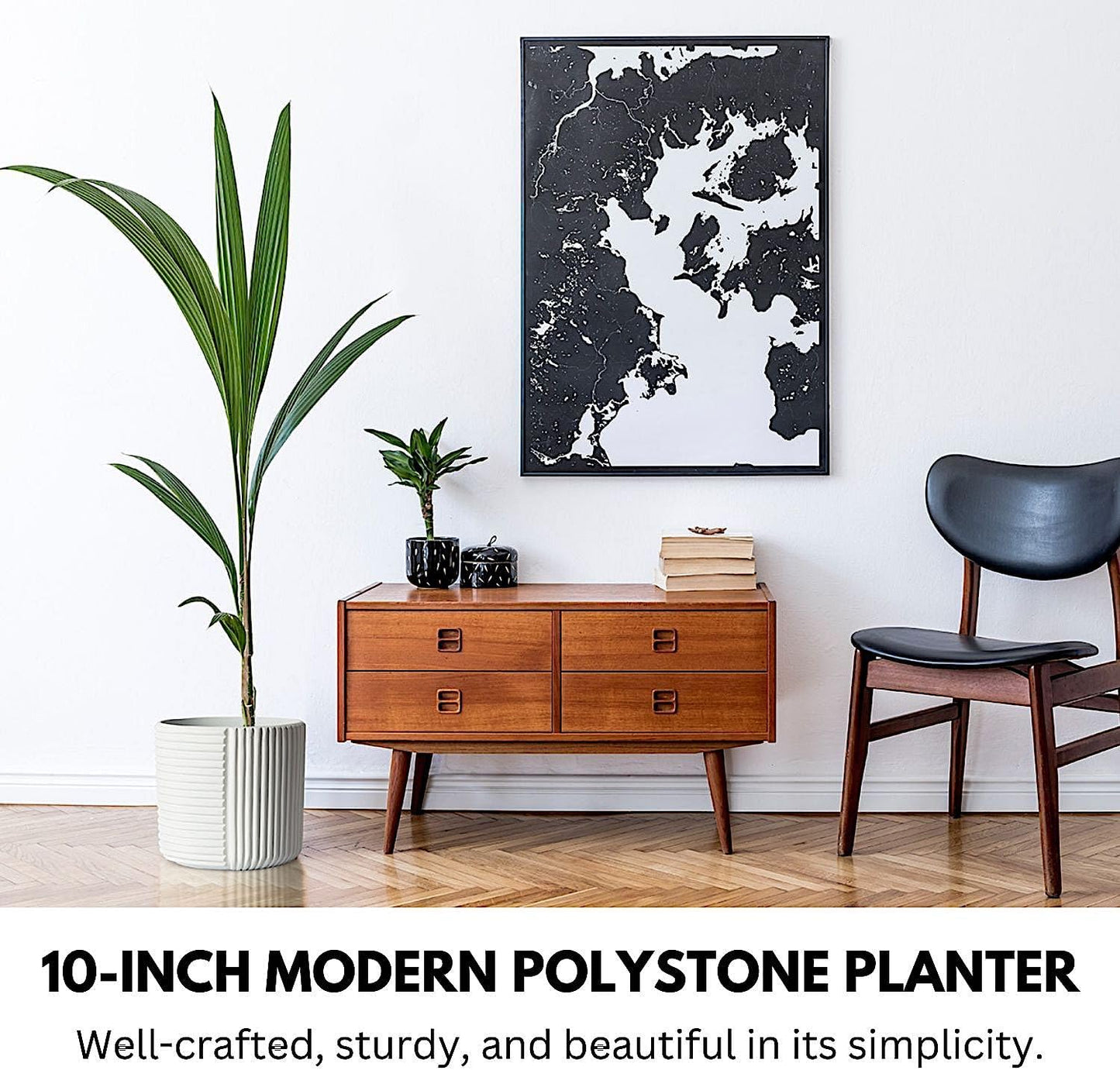 Fox & Fern 10 Inch Plant Pot with Drainage Plug — Premium Polystone White Plant Pot; Modern Planter with 3D Texture and Ceramic Finish; 10 Inch Pots for Plants Indoor & Outdoor