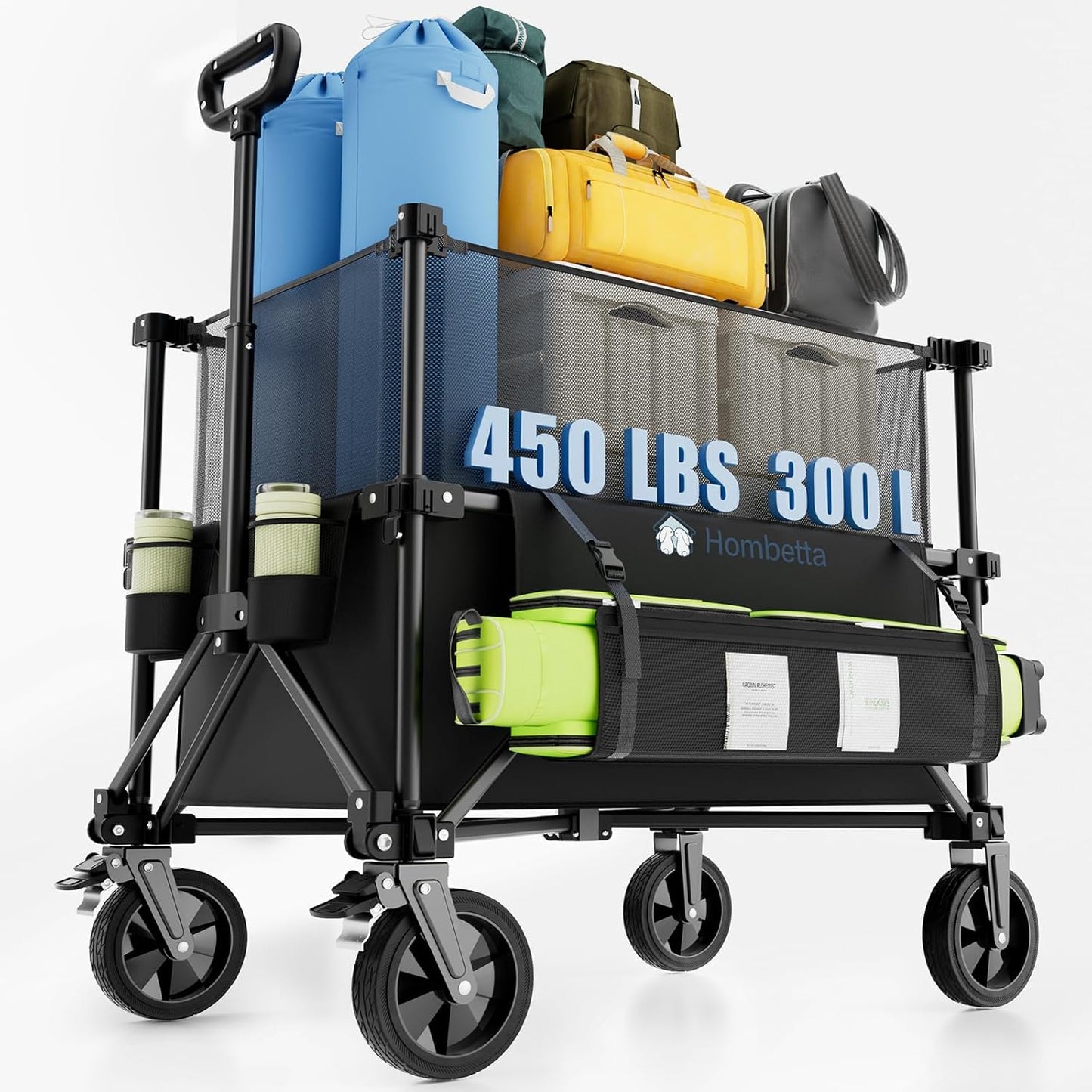 Folding Wagon Cart Foldable with Wheels, Adjustable Decker 150L-300L Capacity, All-Terrain Wheels & Brake, 450LBS Heavy Duty Collapsible Wagon for Beach, Camping, Outdoor