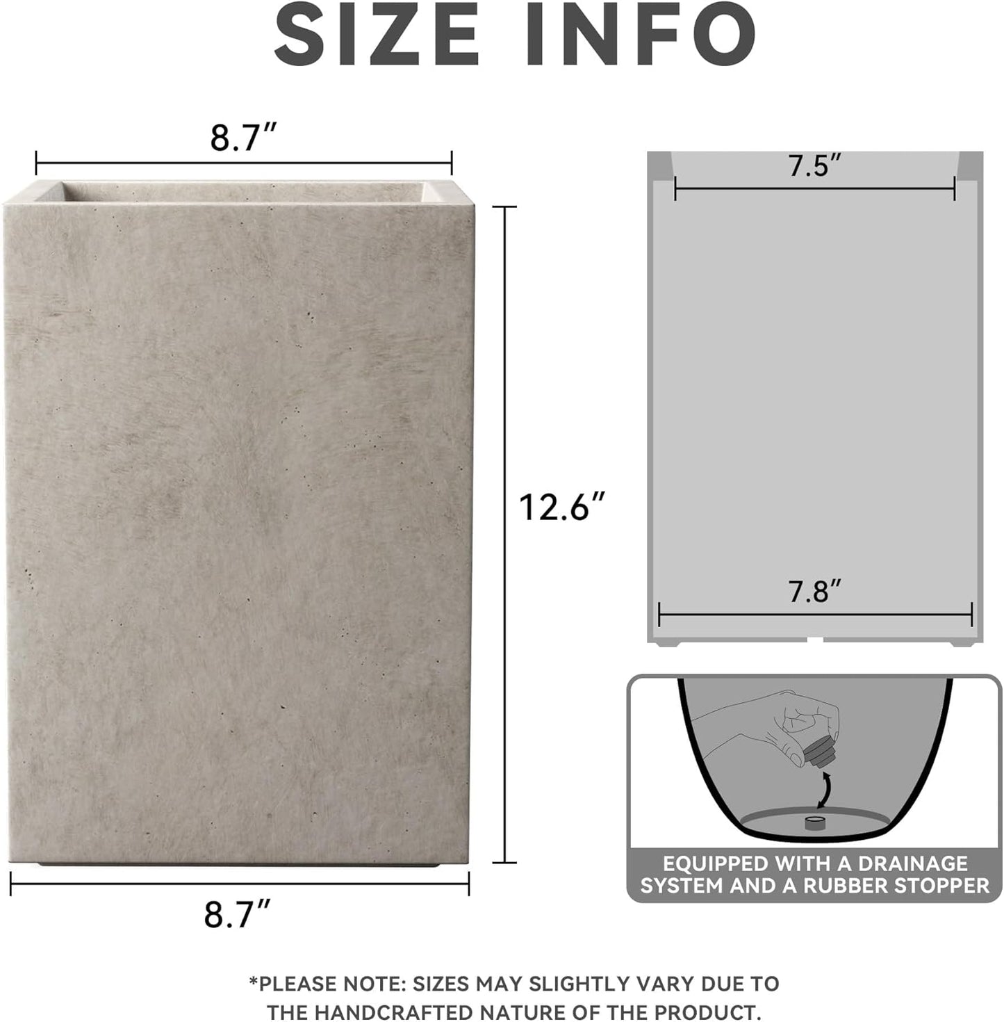 Kante 12.6" H Tall Rectangular Concrete Planters, Outdoor Indoor Lightweight Plant Pots with Drainage Hole and Rubber Plug, Modern Style for Home Garden Patio, Weathered Concrete
