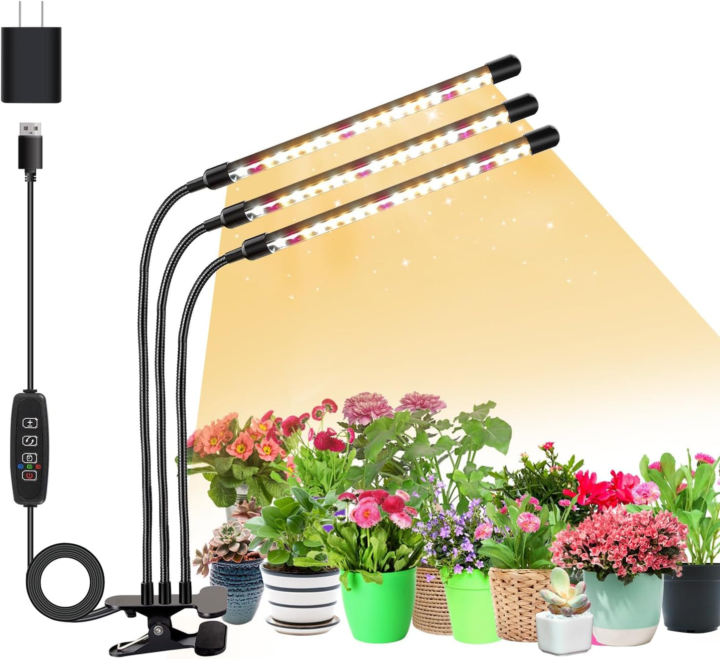 3head Plant Lights for Indoor Growing, Grow Light for Indoor Plants, Full Spectrum Growing Lamps with Clip, Auto ON & Off Timer 3/9/12H, 3 Switch Modes, 10-Level Dimmable Brightness