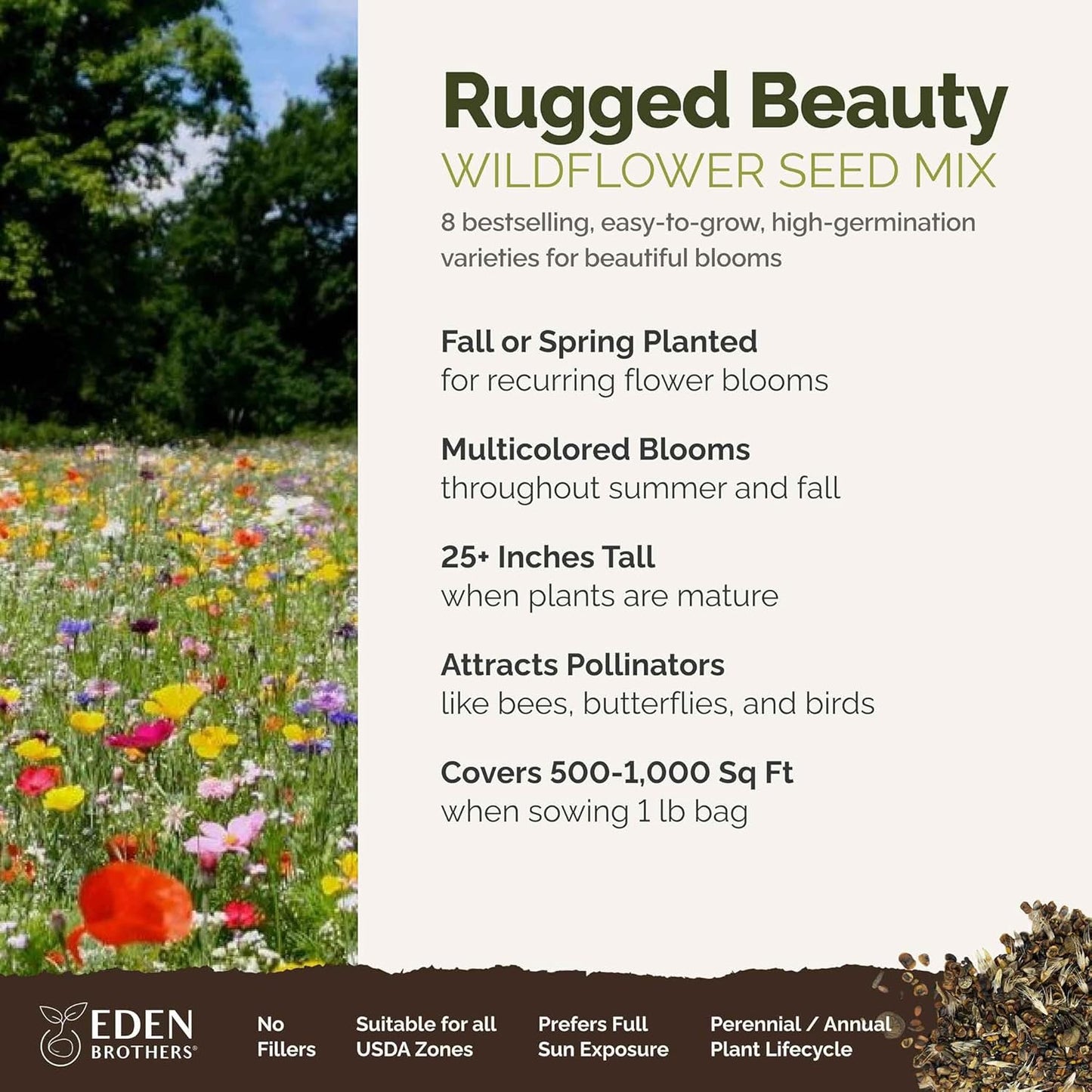 Eden Brothers Rugged Beauty Flower Mixed Seeds for Planting, 1 lb, 480,000+ Seeds with Cornflower Tall Blue, Candytuft | Attracts Pollinators, Plant in Spring or Fall, Zones 3, 4, 5, 6, 7, 8, 9, 10