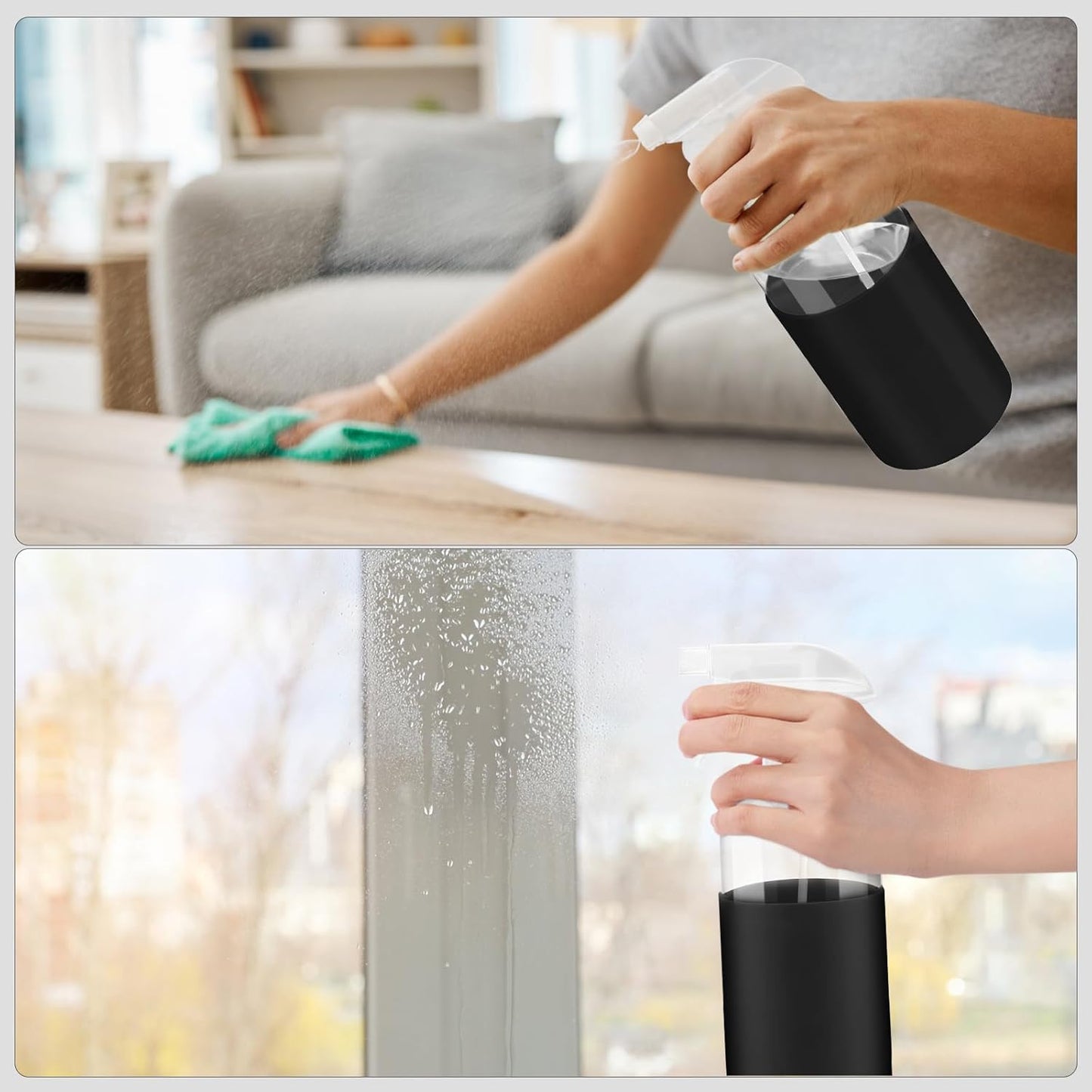 2 Pack Glass Spray Bottles with Long Silicone Sleeve, 16 oz Empty Refillable Containers with Adjustable Spray Nozzles, Spray Bottles for Hair, Cleaning Solutions and Plants 2 Pack Black