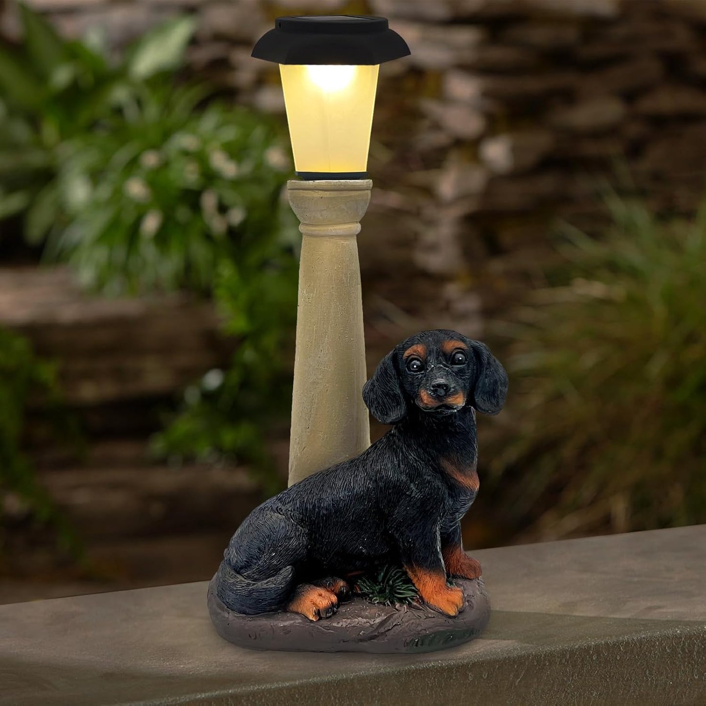 BAYN Solar Dog Garden Statues with Lantern, Resin Dachshund Sculpture with Warm White Light for Outside Lawn Porch Patio