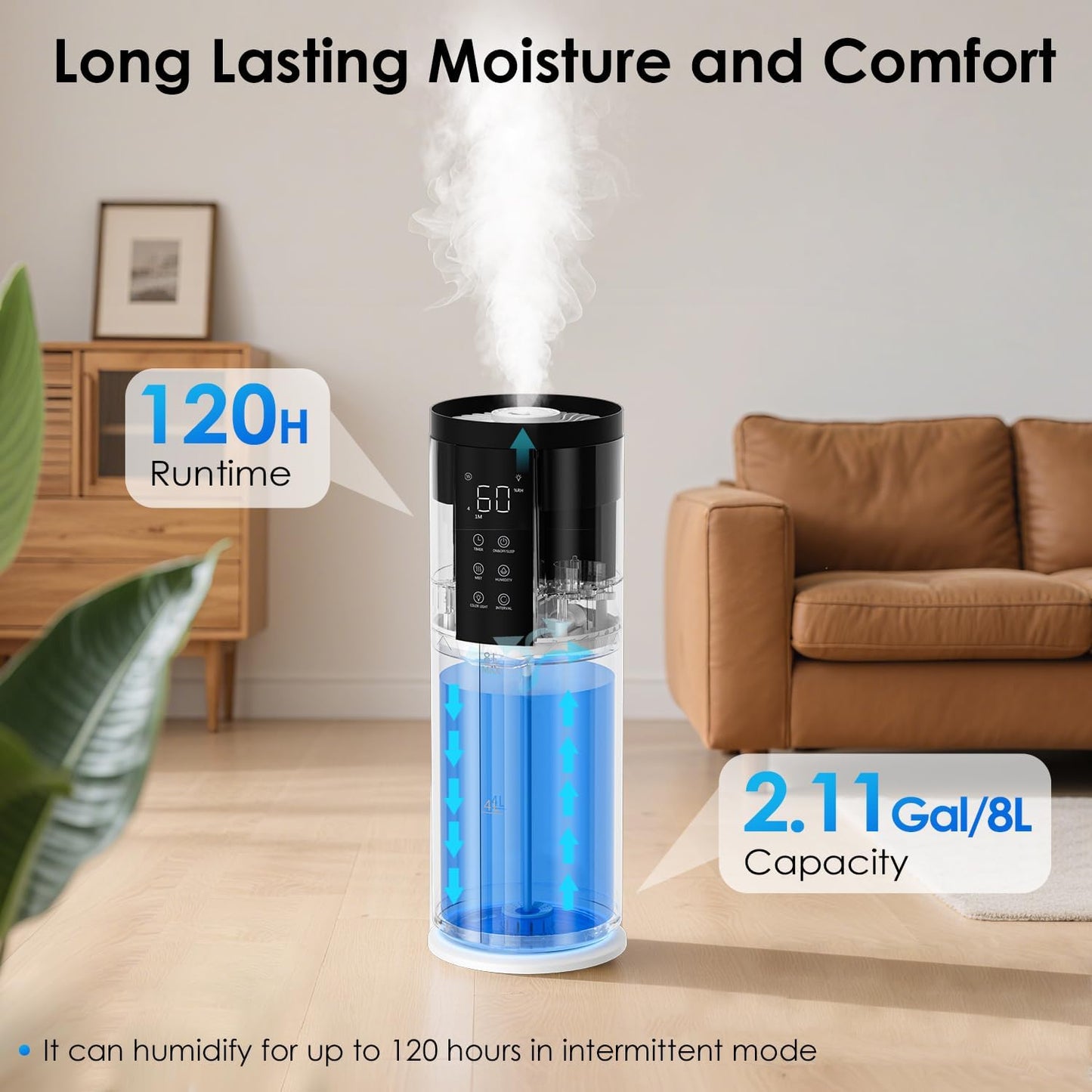 Humidifiers for Bedroom - GloryAir 2.11Gal (8L) Quiet Top Fill Cool Mist Humidifier Large Room 550 ft² 120H Runtime with Humidistat, Auto Mode Diffuser 7-Color Light for Plants Baby Adults Office Home