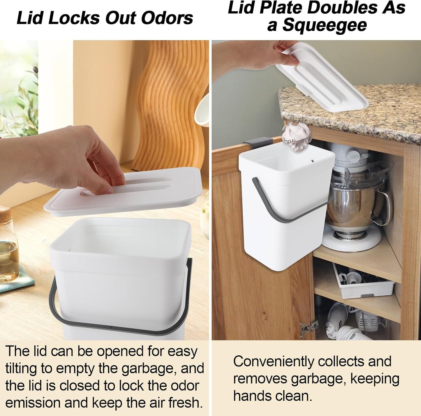 Compost Bin Kitchen, for use on Countertops or Under Sinks, Hanging Trash Can with Lid, for Cupboard/Bathroom/Bedroom/Office/Camping, Mountable Indoor Compost Bucket(White 0.8 Gallon/3L)