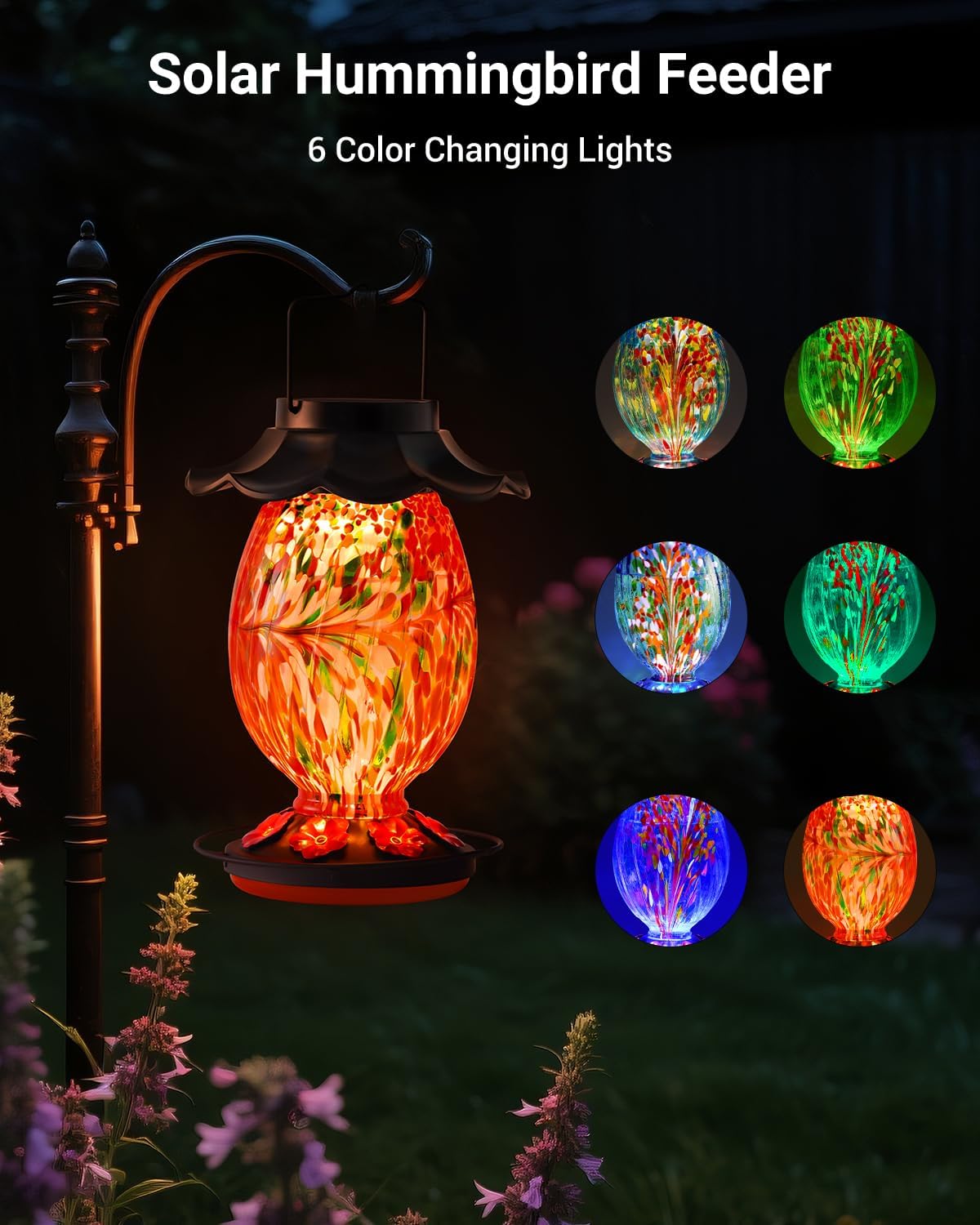 Solar Hummingbird Feeder - 49 fl.oz Hand Blown Glass Color Changing - 7 Feeding Ports with Perch - Never Leak - Perfect Hummingbird Feeder