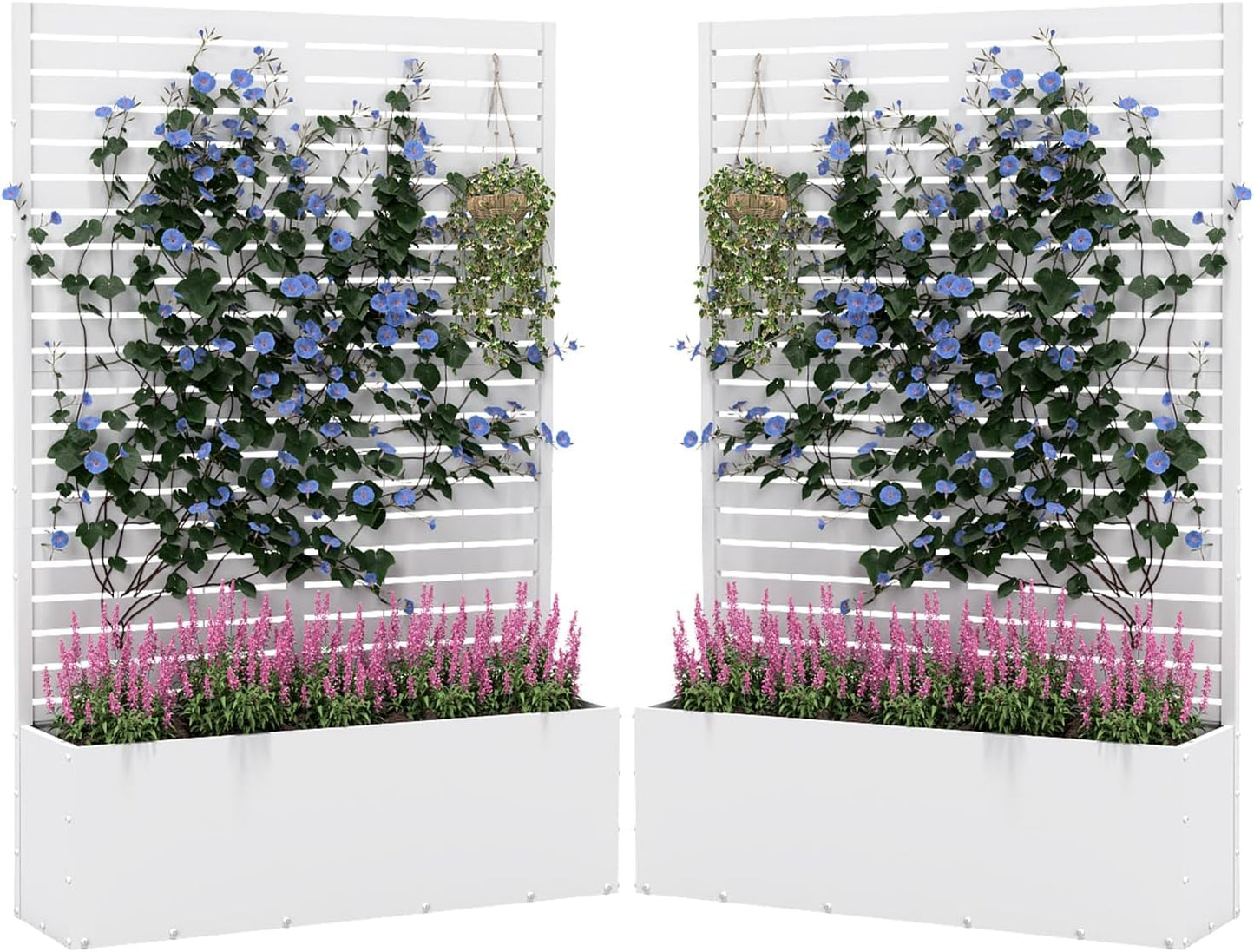 2PCS Metal Planter Box with Trellis,70.9"x47.2"x15.7" Raised Garden Bed with Drainage Holes, Privacy Planters for Outdoor Garden Bed for Climbing Plants,Vegetables,and Vines, White-louvered