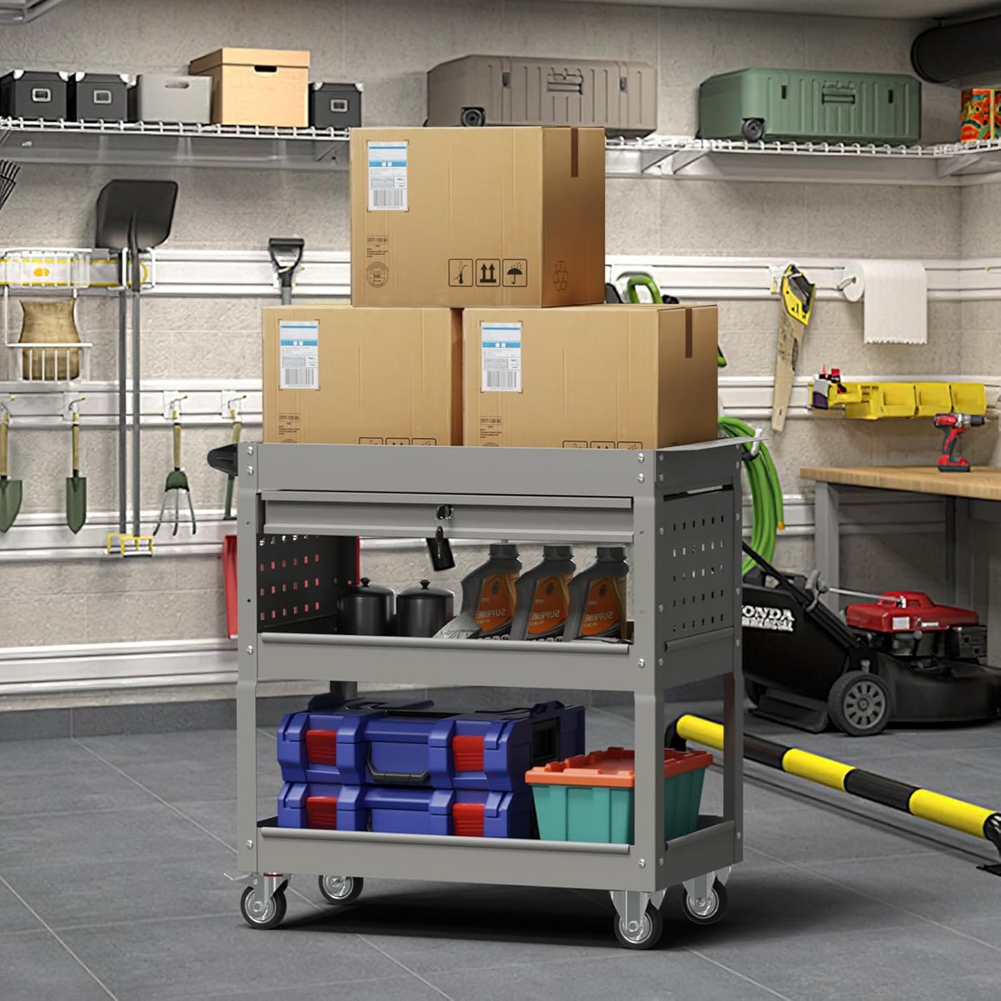 3 Tier Rolling Cart, Heavy Duty Utility Industrial Service Carts on Wheels, Metal Tool Cart with Locked Drawers, Ideal for Garage, Warehouse and Repair Shop（Grey）