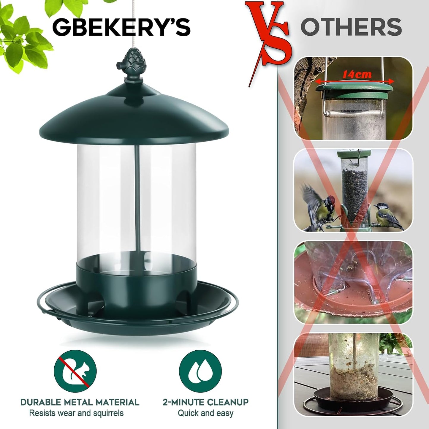 Metal Bird Feeders for Outdoors Hanging, Weather Resistant Wild Bird Feeder with 360 Degree Feeding Tray, Green