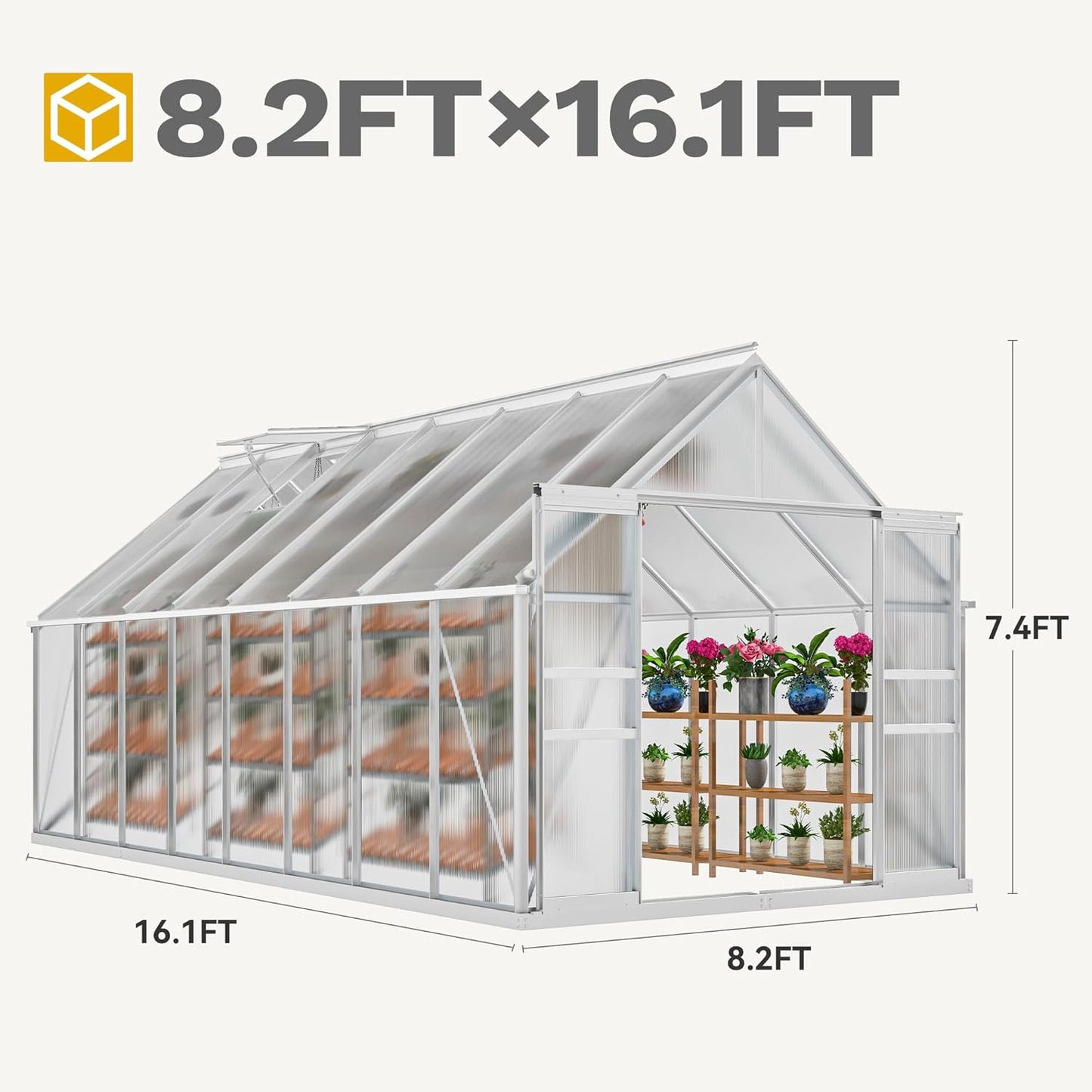 DWVO 16x8FT Polycarbonate Greenhouse Heavy Duty Green Houses Outdoor Aluminum Greenhouses with Sliding Doors Vent Window Premium Walk-in Greenhouse Large Sun House for Garden Backyard, Silver