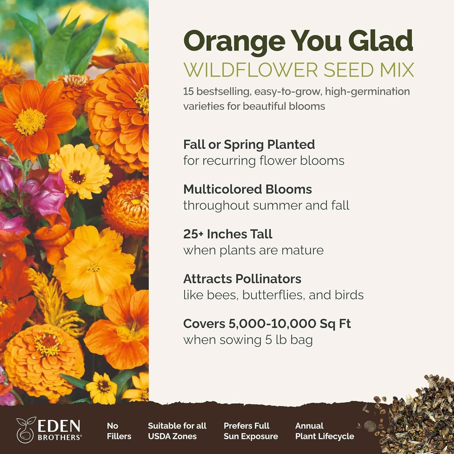 Eden Brothers Orange You Glad Flower Mixed Seeds for Planting, 5 lb, 2,400,000+ Seeds with Dahlia, Double Strawflower | Attracts Pollinators, Plant in Spring or Fall, Zones 3, 4, 5, 6, 7, 8, 9, 10