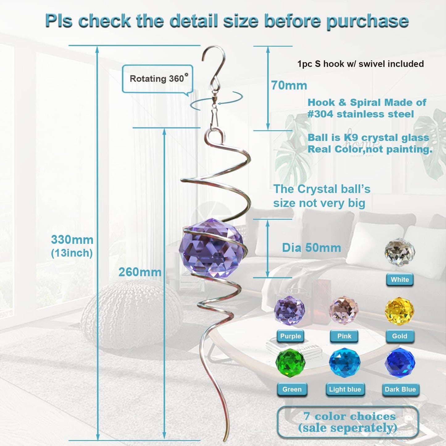 Fonmy Gazing Ball Spiral Tail -Decorative Wind Spinner Sun Catcher Rainbow Maker 11 inch Tail and 2 inch Purple Crystal Orb. Indoor Outdoor Garden Decoration -13 inch Height