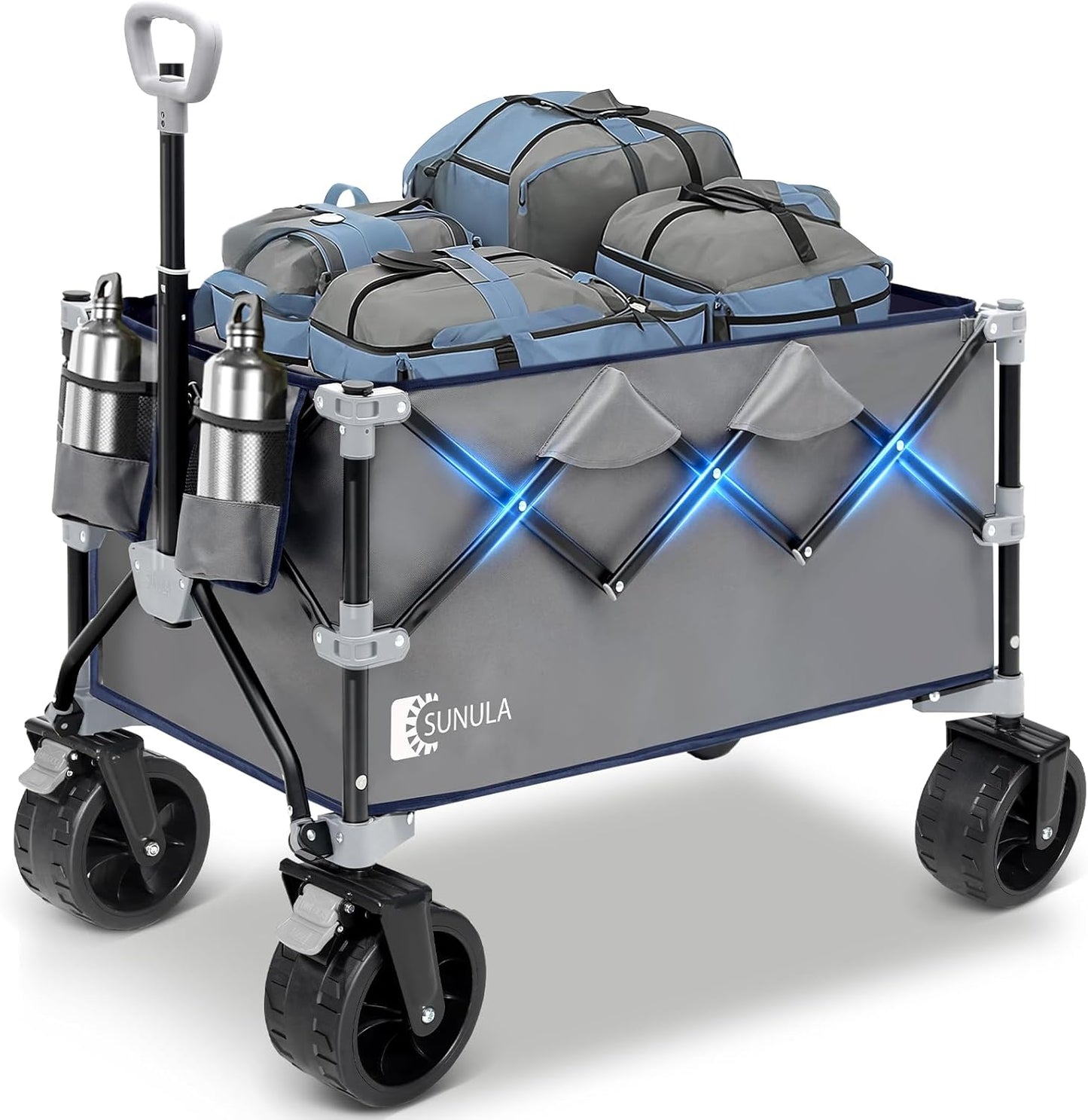 Collapsible Wagon Cart with 440lbs Weight Capacity, Heavy Duty Foldable Wagon with Big All-Terrain Wheels & Drink Holders, Utility Carts for Camping, Garden, Outdoor, Grocery, Sports. Gray