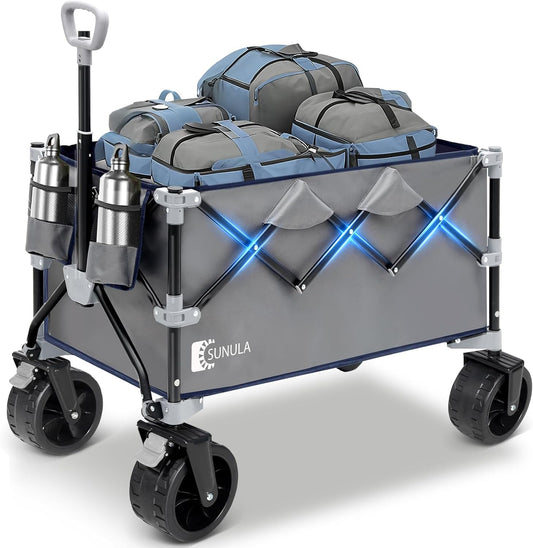 Collapsible Wagon Cart with 440lbs Weight Capacity, Heavy Duty Foldable Wagon with Big All-Terrain Wheels & Drink Holders, Utility Carts for Camping, Garden, Outdoor, Grocery, Sports. Gray