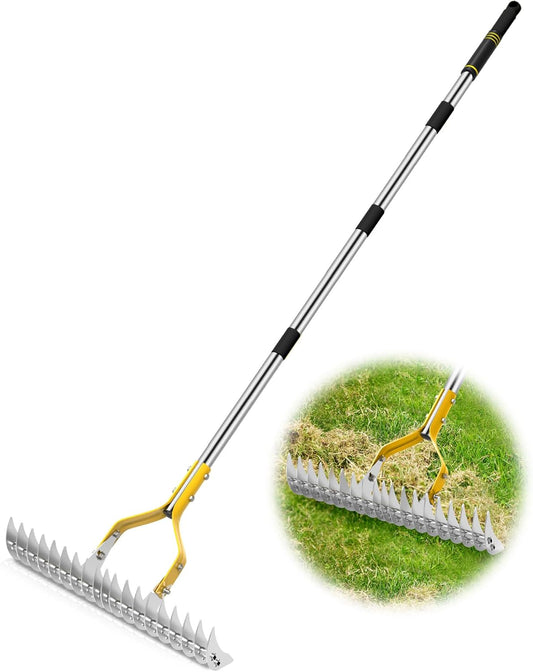 Thatch Rake, 15 Inch Wide Lawn Thatching Rakes for Cleaning Dead Grass, Efficient Metal Steel Lawn Dethatcher with Sponge Handle, Lawn loosening Soil Grass Rake (Silver)