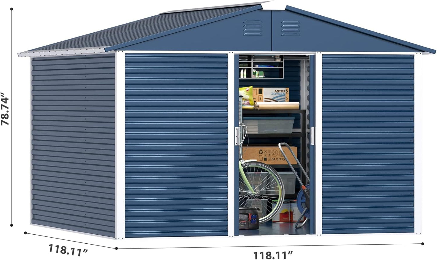 Metal Outdoor Storage Shed 10FT x 10FT, Steel Utility Tool Shed Storage House with Sliding Door, Metal Sheds Outdoor Storage for Backyard Garden Patio Lawn, Blue
