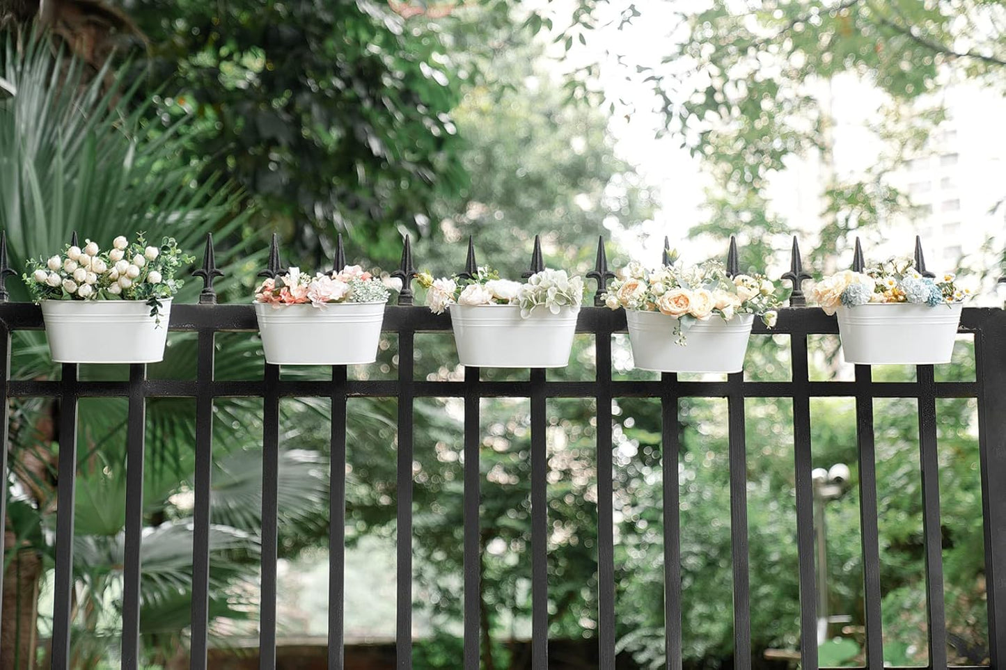 Dahey Metal Iron Hanging Flower Pots for Railing Fence Hanging Bucket Pots Countryside Style Window Flower Plant Holder with Detachable Hooks Home Decor,White,5 Pcs