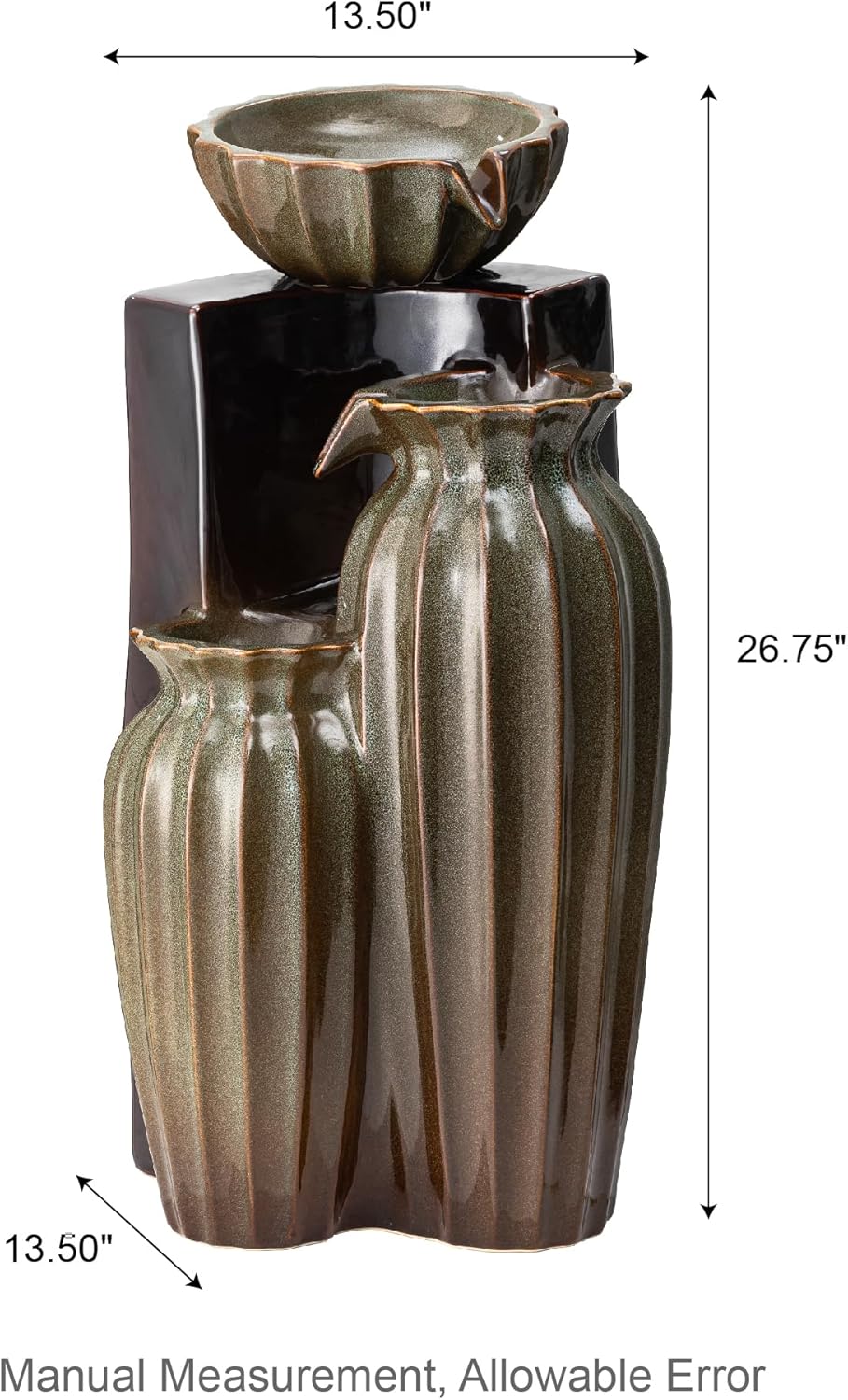 Glitzhome 26.75" H Ceramic Outdoor Water Fountain with LED Lights and Pump, Two Tone Olive Green and Brown Reactive Fluted Texture Cascading Waterfall Floor Standing Fountain for Porch Garden Patio