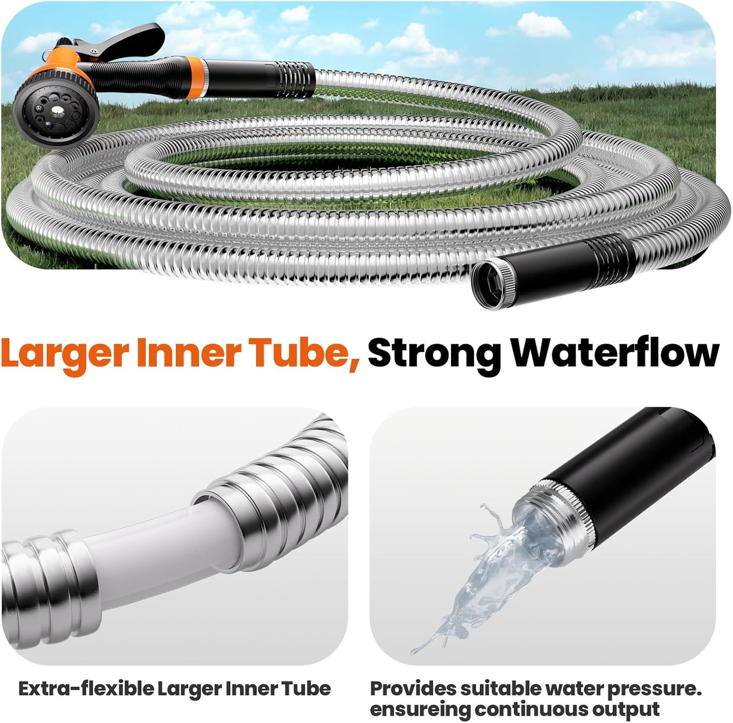 Garden Hose 100 FT - Flexible Metal Hose with 10 Function Nozzle, Kink Free, Lightweight, Durable, Crush Resistant Fitting, Easy to Coil, Puncture Proof Hose for Yard, Rv, 600 PSI - 2025 Model
