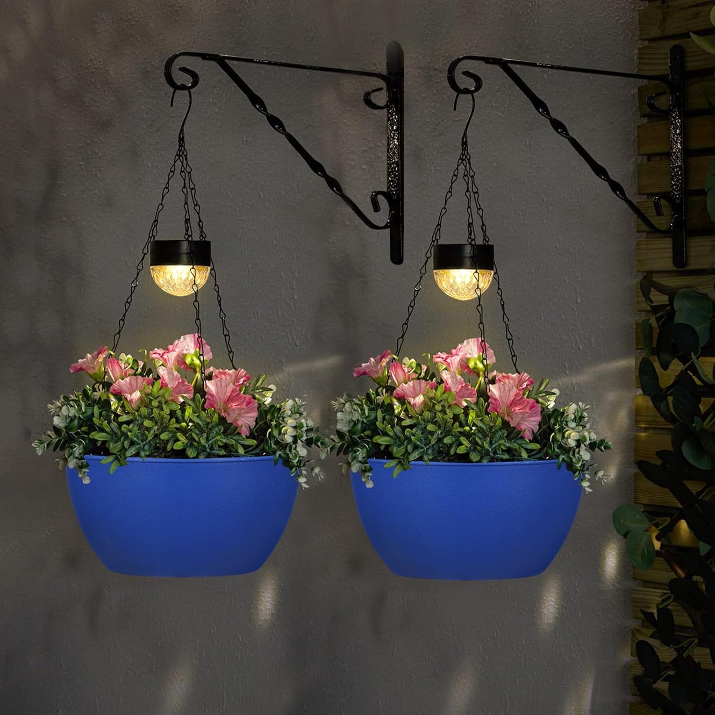 2 Packs Solar Hanging Basket Planters for Plants Outdoor, Self Watering Blue Flower Plants Pots with Solar Light Drainer for Balcony Patio Garden Outdoor Decoration