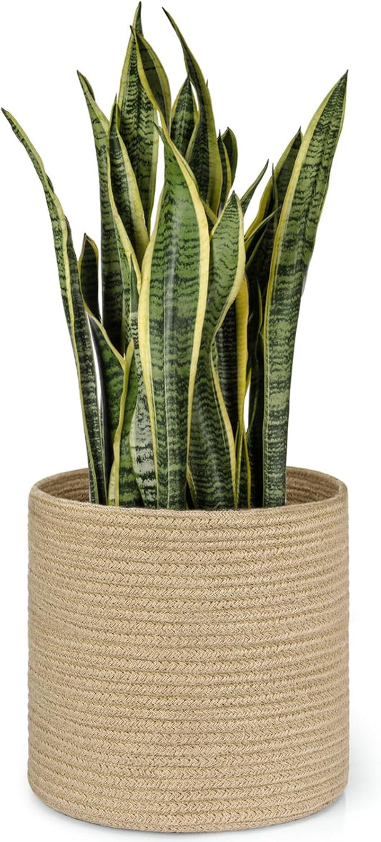 Dahey Jute Rope Plant Basket Modern Woven Storage Basket for 10.5" Indoor Planter, Decorative Flower Pots Cover Laundry Bin with Handle Rustic Home Decor, Beige