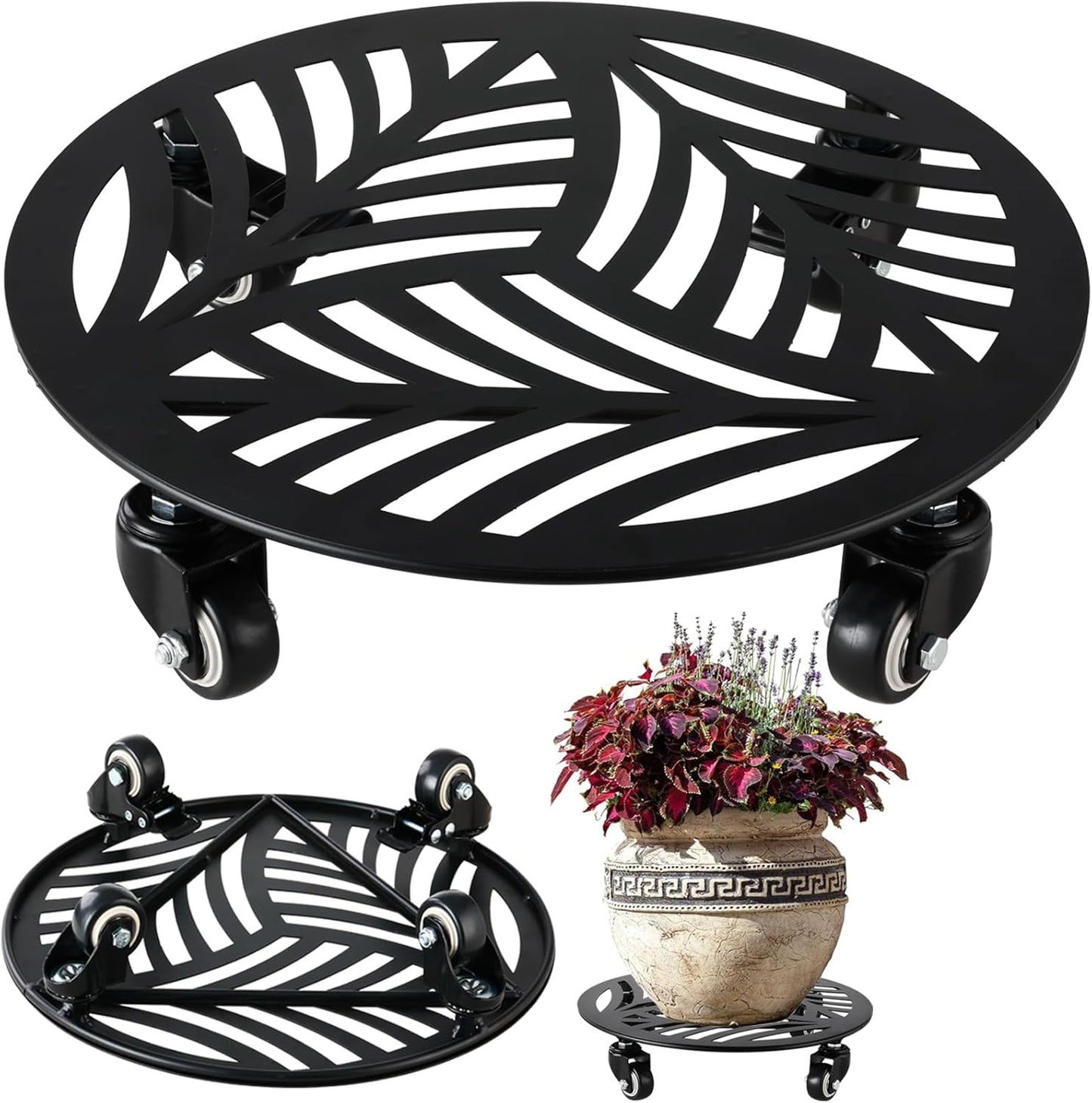 1 Pack Large Metal Plant Caddy with Wheels 13.5 Inches Heavy-duty Iron Rolling Plant Stand with Casters Indoor Outdoor Plant Roller Base Planter Movers Garden Dolly Coaster Trolley Black