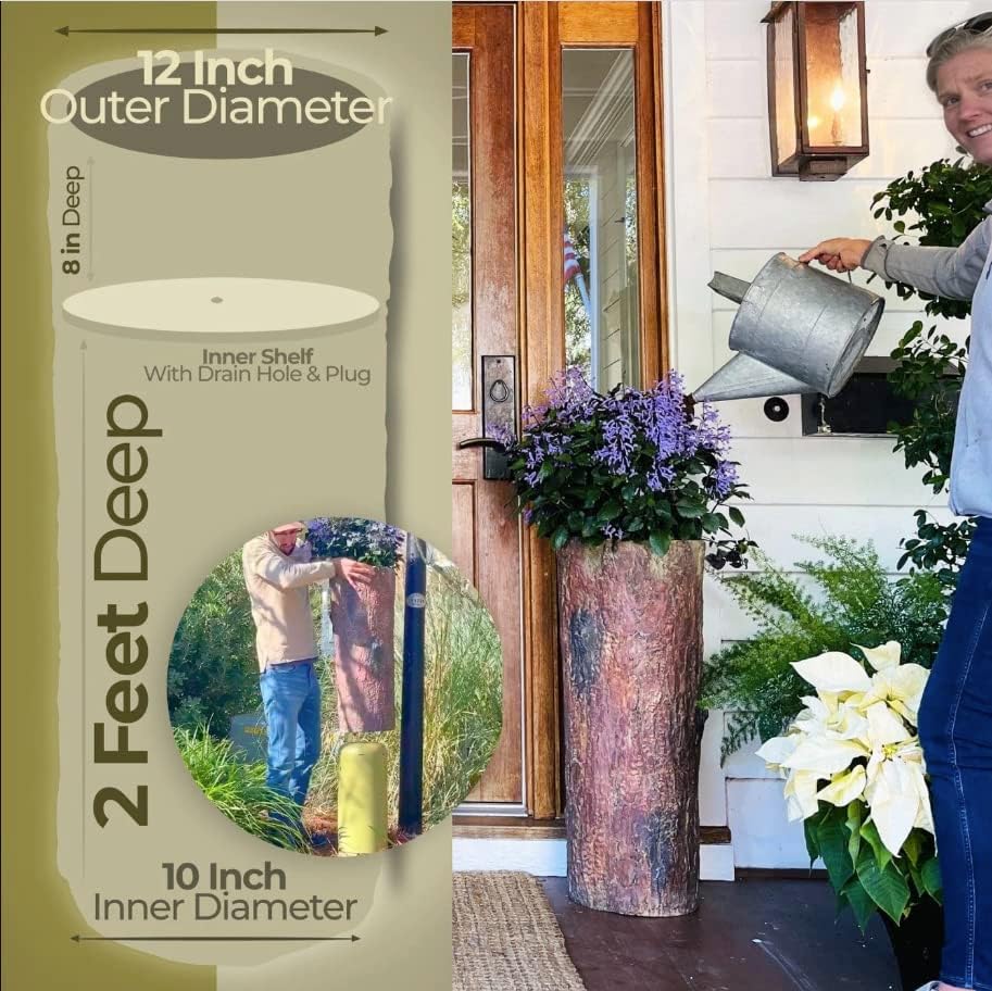 Farmhouse Porch and Patio Planter. Tall Country Vintage Plant and Flower Stand. Large Outdoor Deck and Garden Unique Rustic Log Pot Decor.