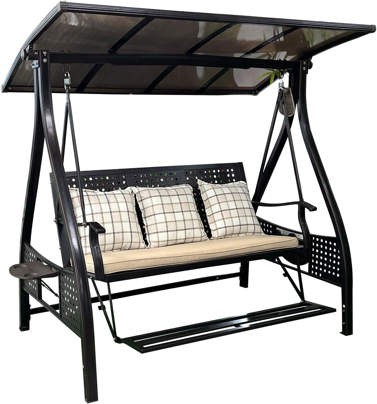 2/3-Seat Outdoor Patio Porch Swing with Adjustable Aluminum Alloy Canopy Solar Patio Swing Chair Bench with Footrest Side Cup Holder for Backyard Lawn (AEBS Black - 3 Seat)