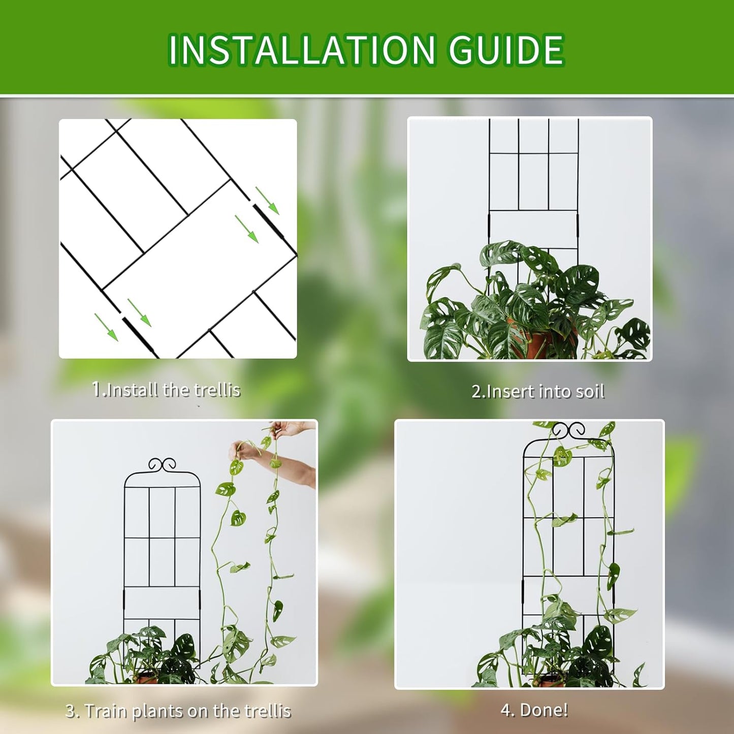 4 Pack 31'' Plant Trellis for Climbing Plants Indoor & Outdoor, Metal Trellis for Potted Plants, Plant Support for Houseplant, Vines, Pothos, Rose, Ivy, and Flowers, Black