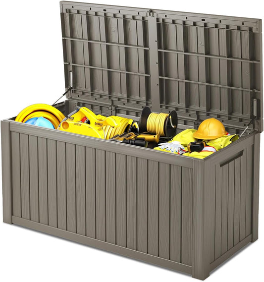 200 Gallon Deck Box, Resin Outdoor Indoor Waterproof Storage Box, Lockable Storage Box With Handle for Patio Furniture - Garden Tools - Brown