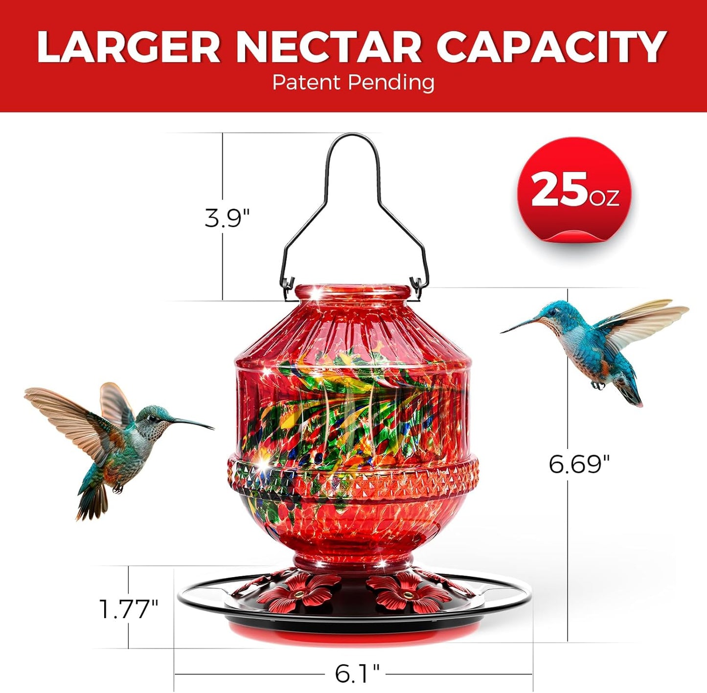 Blown Glass Hummingbird Feeders for Outdoors, 25 Ounces Wild Bird Nectar Feeder with Perch & 5 Flower Feeding Ports Leak Proof Hanging for Garden Backyard Decor, Gifts for Women Mom, Red