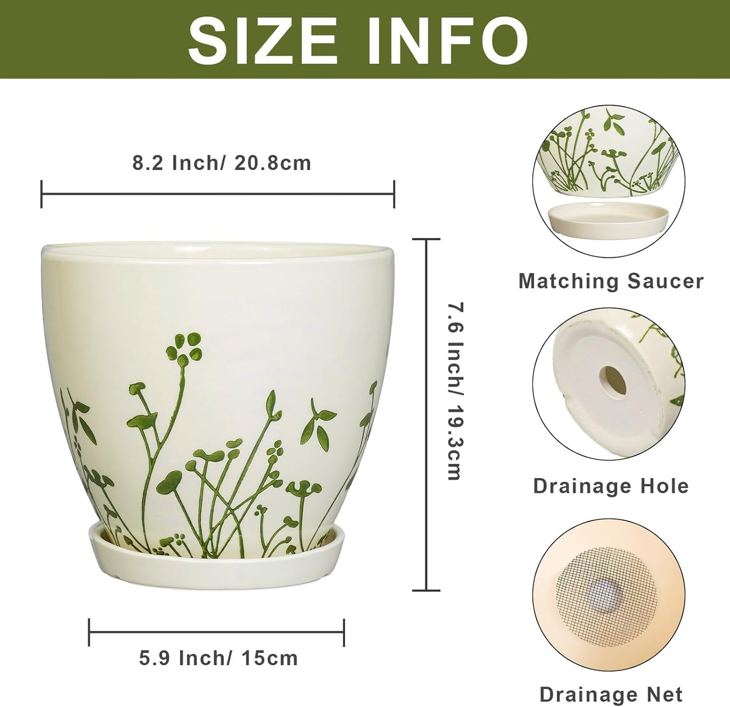 Indoor Plant Pot 8.2 Inch - Ceramic Planter with Drainage Hole and Saucer, Boho Round Decorative Flower Pot for Indoor Outdoor Flowers, Plant Lover Gifts, Office Home Garden Patio Decor, White