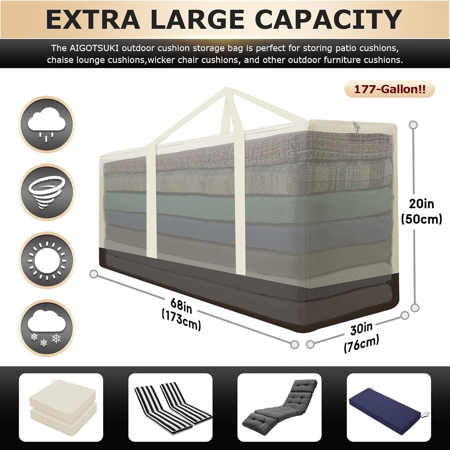 Cushion Storage Bag Waterproof Outdoor Cushions Storage Bag 68" L x 30" W x 20" H Large Patio furniture Cushion Storage Bags with Handle and Zipper (Beige, 1 Pack)