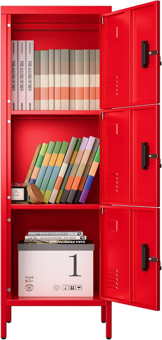 47.3" H x 15.8" D x 15.8" W Metal Storage Locker for Employees,3 Doors Employee Lockers with Adjustable Feet,Steel Home Office Storage Cabinet for School Gym Home Office, Assembly Required,Red