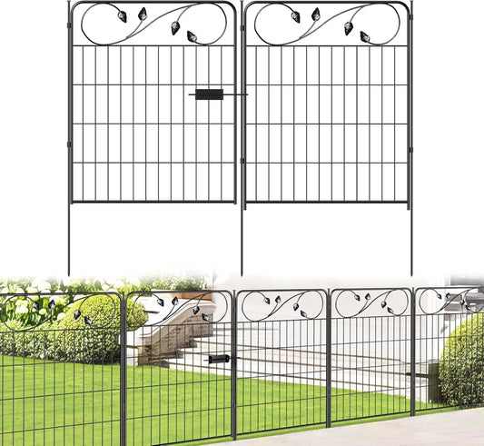 Decorative Metal Garden Fence 30in(H) X16ft(L) 1 gate+7 Panels Temporary Dog Fence Border for Landscape Patio Outdoor with gate, No dig Garden Fencing Gates for Yard