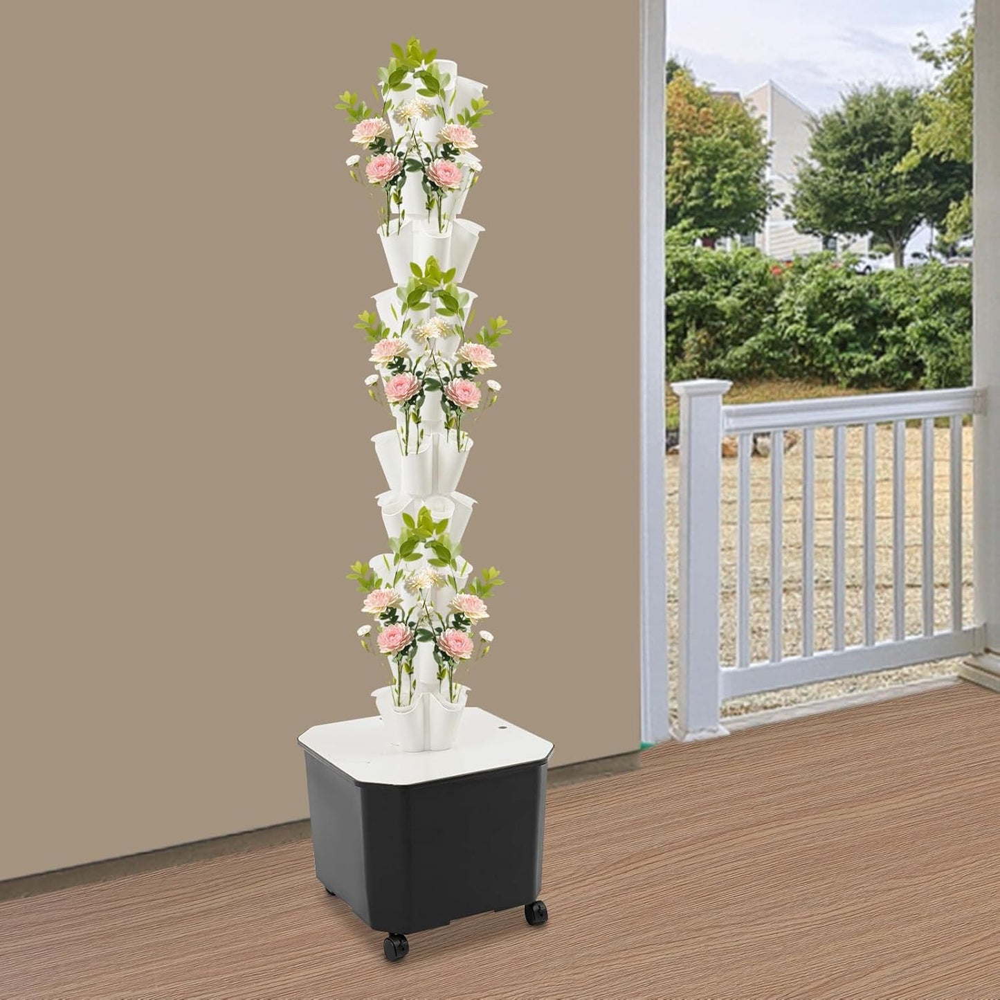 Eapmic Hydroponics Growing System Tower Garden, 10-Tier 50-Hole Vertical Planter with 45L Water Tank & Auto Watering, Indoor/Outdoor Hydroponic Garden Kit w/Wheels (White)