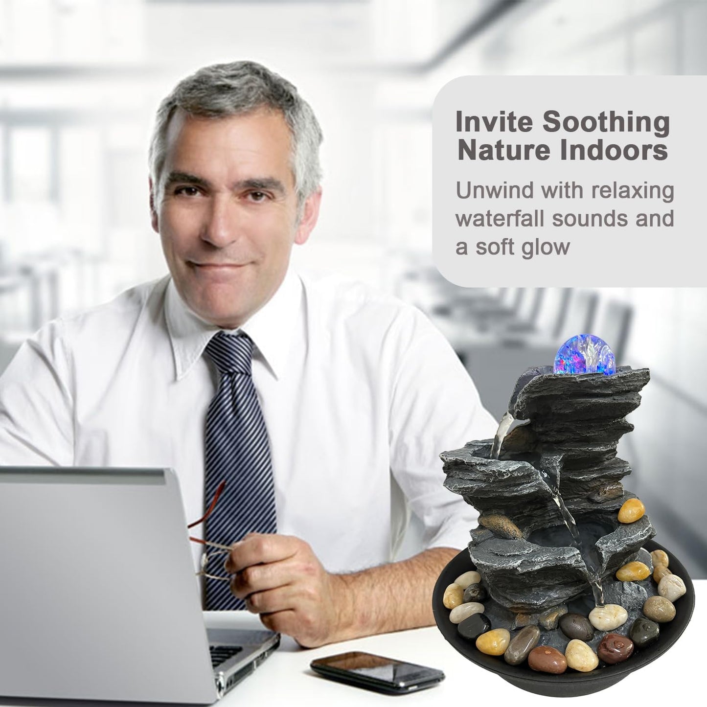 Indoor Tabletop Water Fountain Rotating Ball Rock Waterfall Fountain with Colorful Lights and Natural River Rocks, Zen Meditation for Home Office Decor