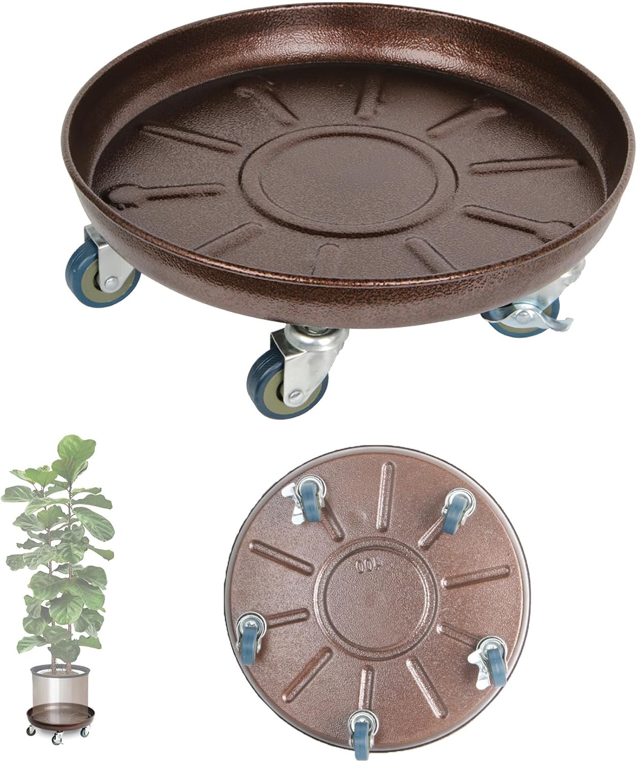 Heavy Duty Plant Caddy with Solid Rubber Wheels, Lockable, Increased Load Capacity, One-Minute Installation, Suitable for Indoor, Outdoor, Patio, Garden Settings, 16 Inches 2PACK, Brown