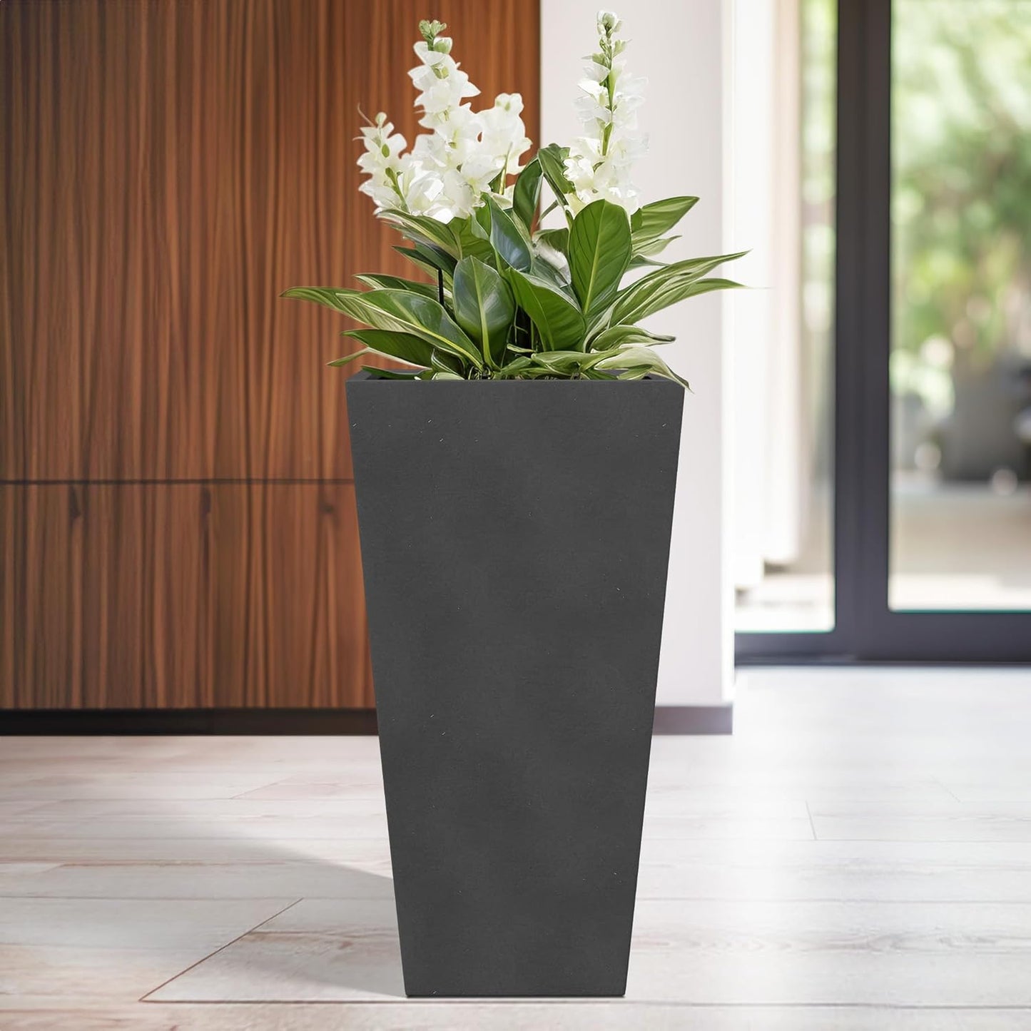 Kante 28 Inch Tall Tapered Concrete Planter, Modern Style Large Plant Pot with Drainage Hole and Rubber Plug for Patio, Backyard, Porch, Suitable for Indoor Outdoor Plants, Black