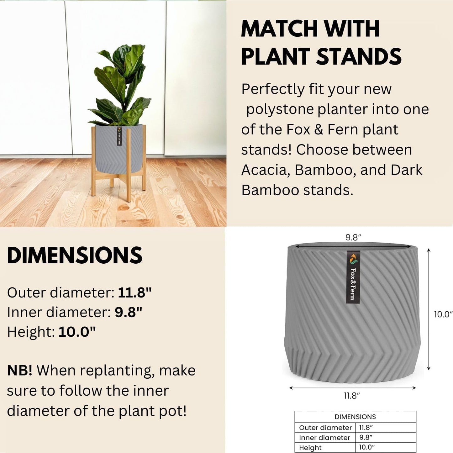 Fox & Fern Large 12 Inch Planter — Premium Polystone Gray Plant Pot with 3D Texture and Drainage Plug; 12 Inch Pots for Plants Indoor; Large Planter for Indoor & Outdoor Plants