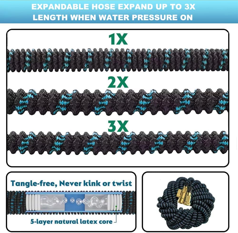 50 ft Expandable Garden Hose - Kink Free Flexible Water Hose 50ft with 10 Pattern Spray Nozzle, 3/4 Solid Brass Connectors, Retractable Latex Core - Lightweight Expanding Hose
