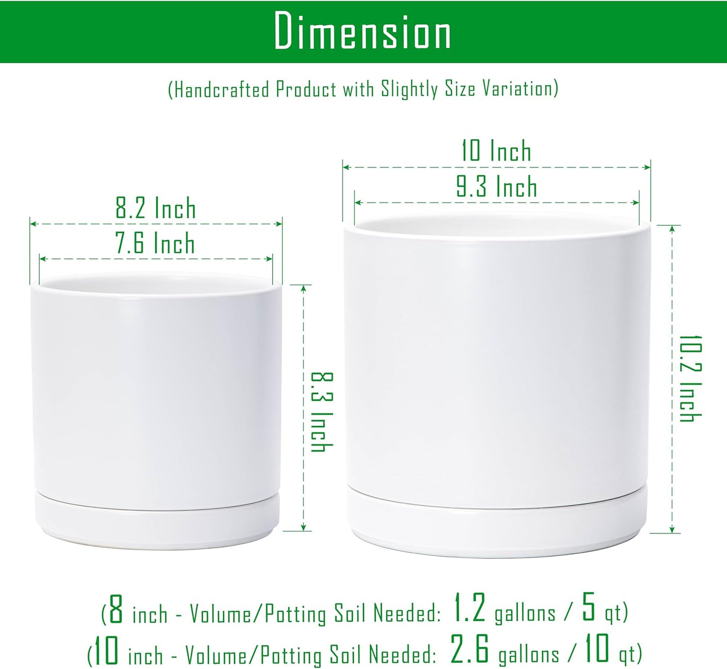 D'vine Dev 8.2 Inch & 10 Inch Ceramic Planter Pot for Plants with Drainage Hole and Saucer, Large Plant Pots Set, White, 94-G-L-1