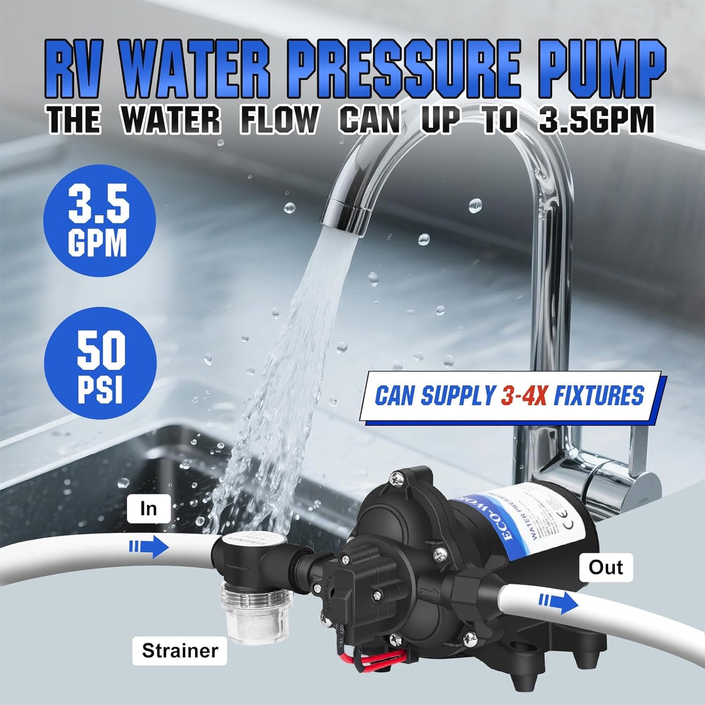 ECO-WORTHY RV Water Pump 12Volt 3.5GPM 50PSI 12V Fresh Diaphragm Pump with Pressure Switch and Self-Priming for RV Yacht Garden Sprayer Food Truck