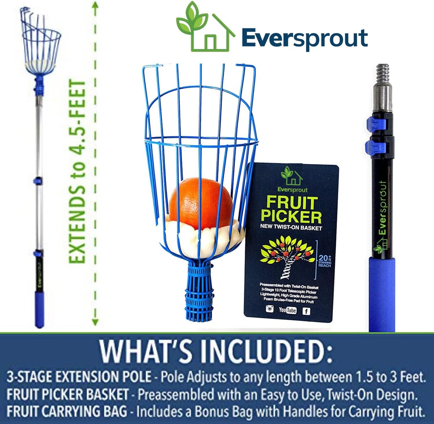 EVERSPROUT 1.5-3ft Durable Fruit Picker with 10+ Foot Reach – Telescoping Fruit Picker Pole, Lightweight Twist-On Fruit Picking Tool with Basket, Aluminium Extension Pole for Tree Fruit Harvesting