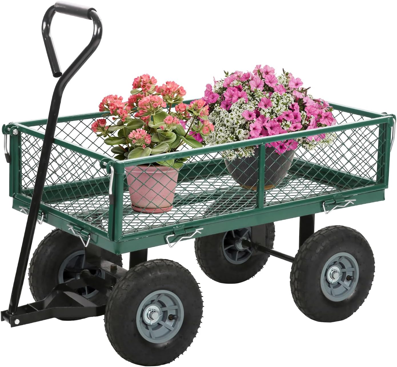 FDW Garden Cart Streel Heavy Duty 500 LBS Capacity，Utility Cart Wagon with Removable Sides and 180°Rotating Handle for Yard, Lawn and Garden Hauler (Green)