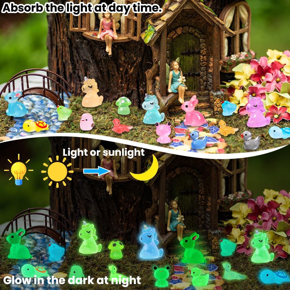 113pcs Luminous Mini Resin Animals, Glow in The Dark Miniature Resin Animal Figures Tiny Small Little Ducks Turtle Bulk for Dollhouse Micro Landscape Aquarium Fairy Garden DIY Decorations