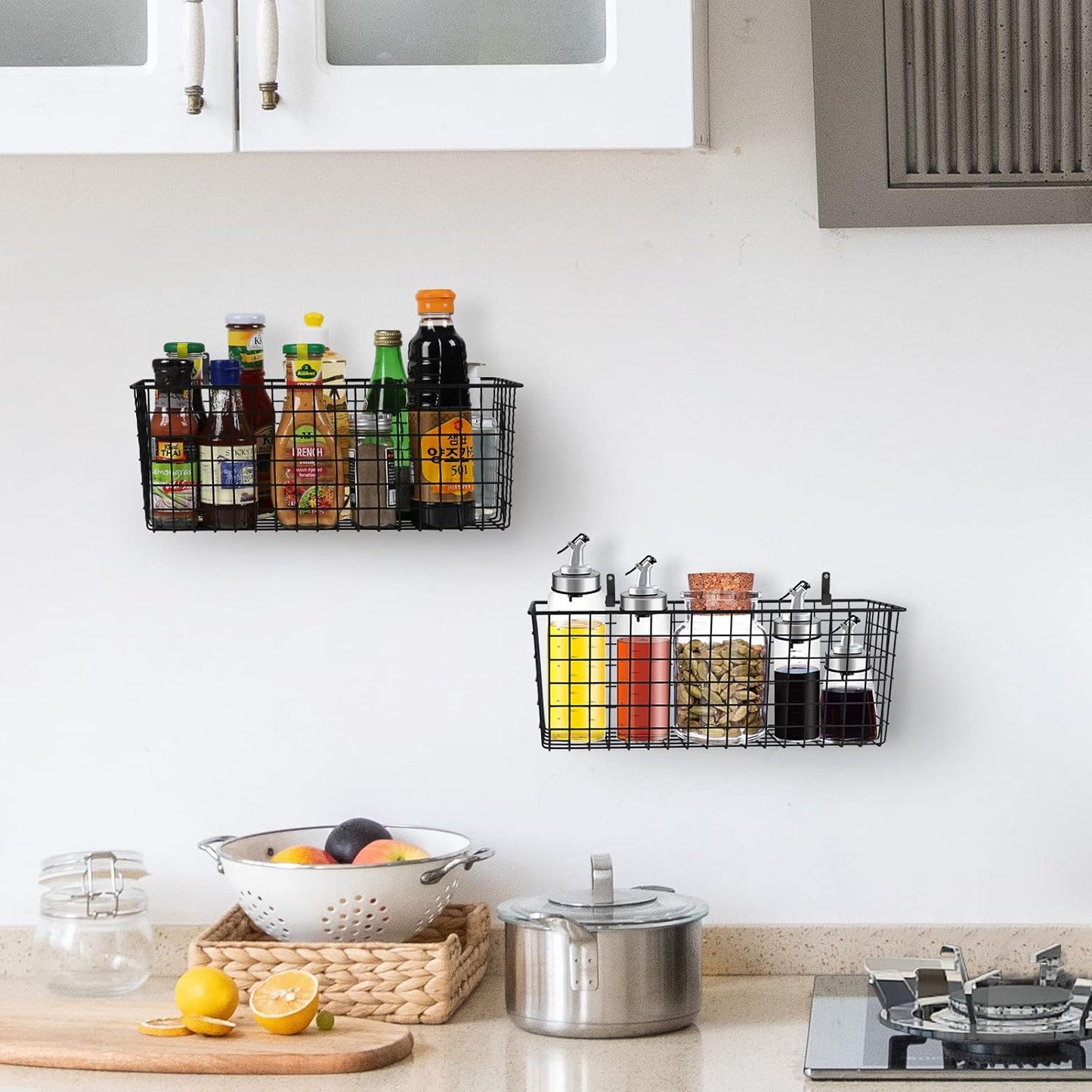 2 Sets Extra Large Hanging Wall Basket, Black Metal Wire Baskets with Steel Hooks for Organizing, WallmountedFruit Vegetable Toy Snack Storage, Home Kitchen Bathroom Laundry Pantry Organizer