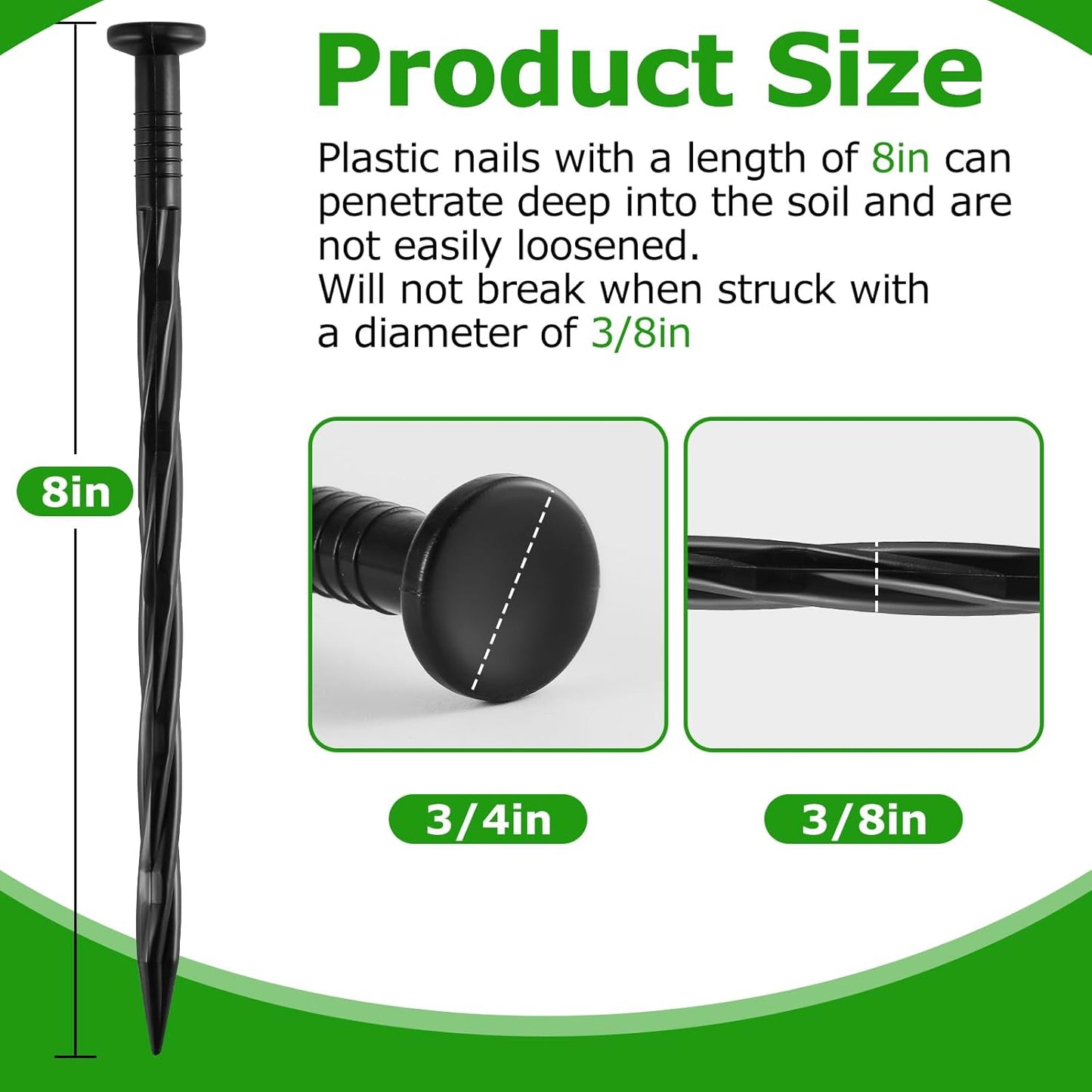 100Pcs 8-Inch Plastic Landscape Edging Spikes, Spiral Anchoring Nails for Weed Barrier, Paver Edging, Landscape Edging, Artificial Turf, Grass Pathways, and More