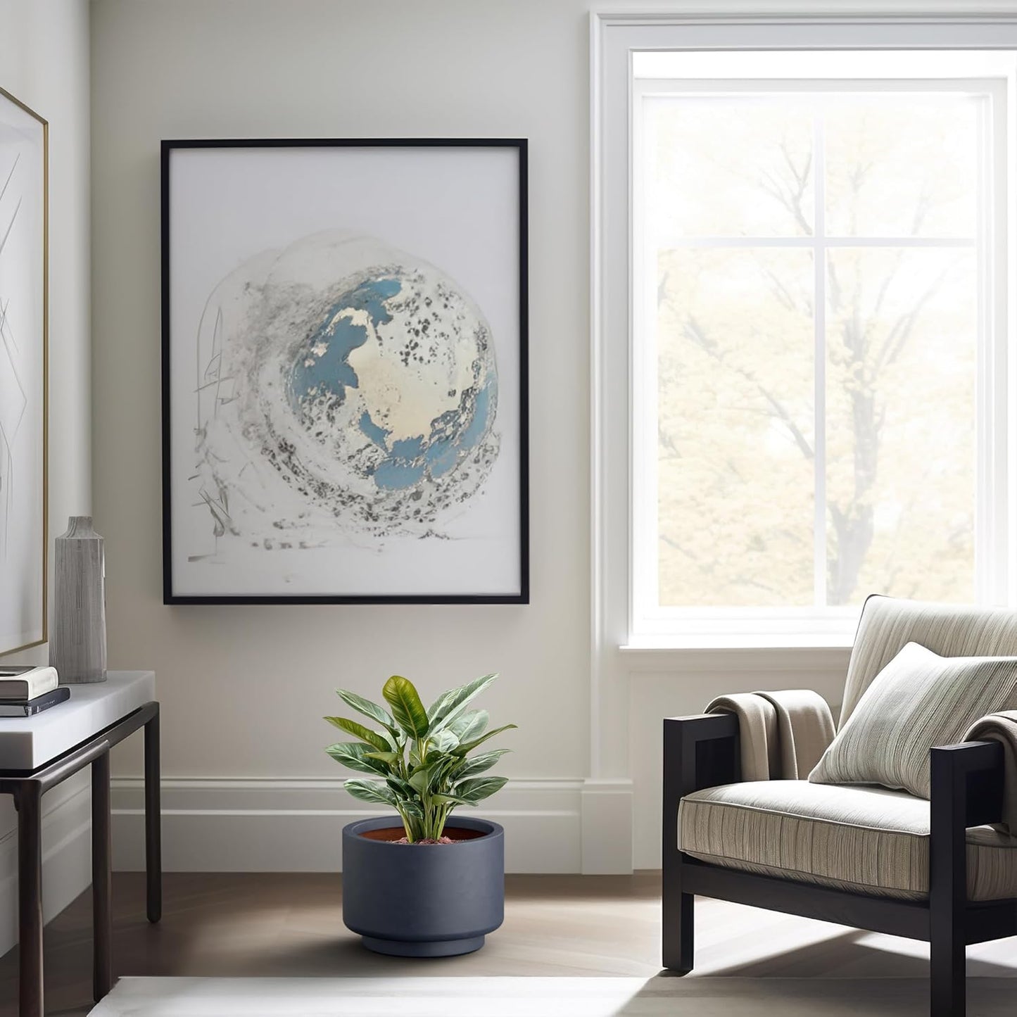 Kante 15.7 Inch Dia Concrete Planter, Round Pedestal Design Garden Pot for Indoor Outdoor Plants, Modern Flower Pot with Drainage Hole, Charcoal Finish with Warm Brown Interior